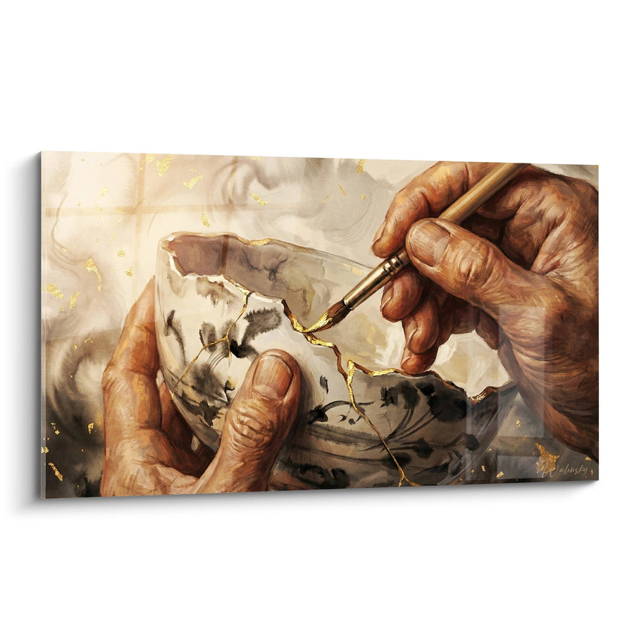 Tableau Mains Réparant Vase Brisé Filets Dorés - Art de la Résilience - Edition Kintsugi