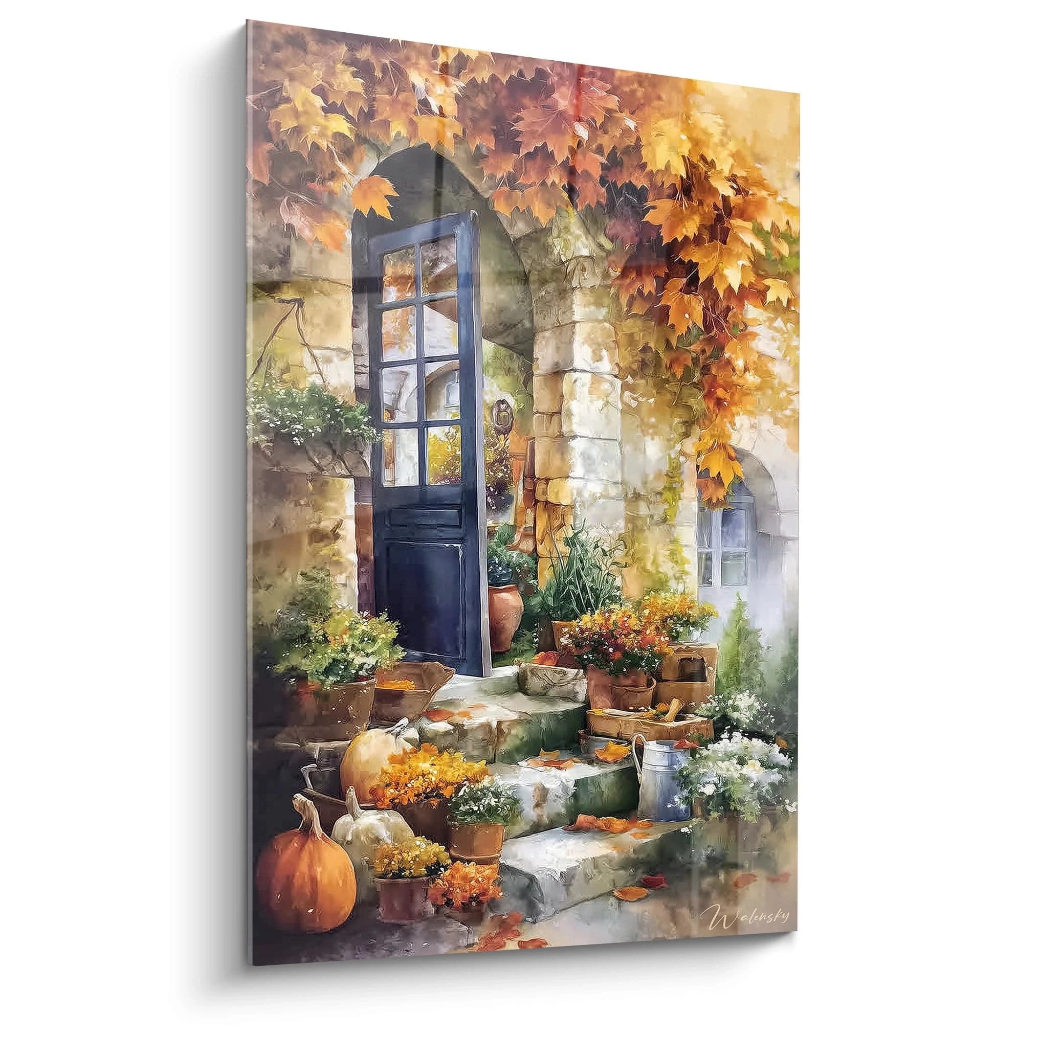 tableau automne maison chaleureuse Walensky tableau mural représentant porte bleue marches en pierre pots et citrouilles