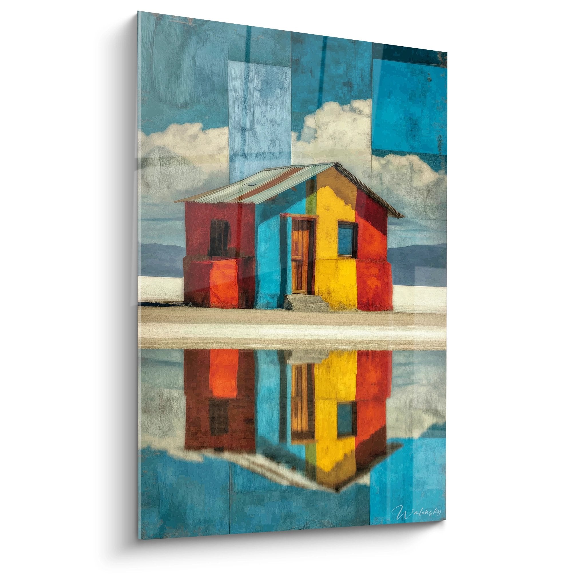 Tableau mural maison colorée avec reflet dans l'eau, art désert moderne aux tons vibrants
