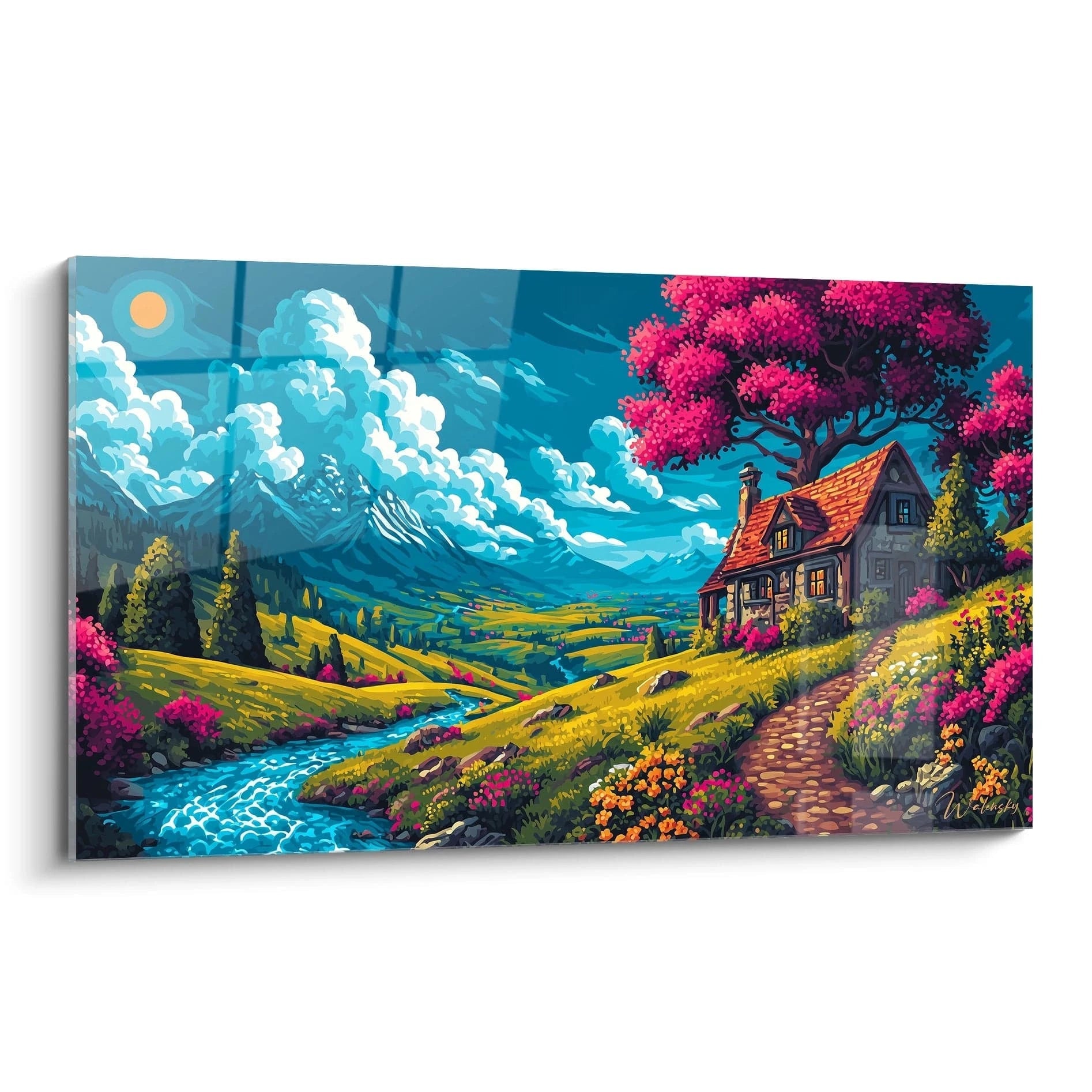 Tableau mural maison montagne style BD avec vallée colorée, rivière et fleurs roses - art décoratif