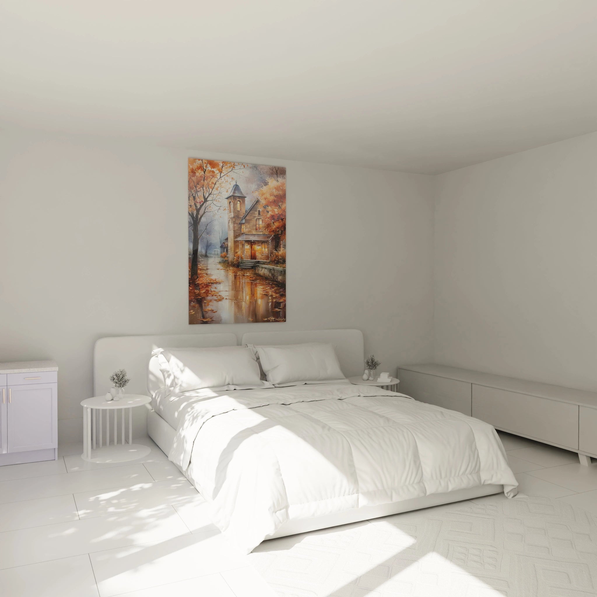 tableau mural maison automne Walensky accroché au dessus d un lit blanc dans une chambre lumineuse et minimaliste