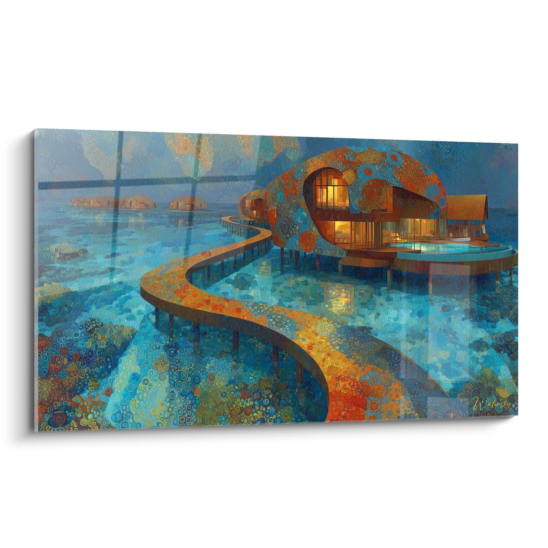 Tableau mural maison futuriste sous-marine avec passerelle courbe et fenêtres illuminées tons bleus oranges