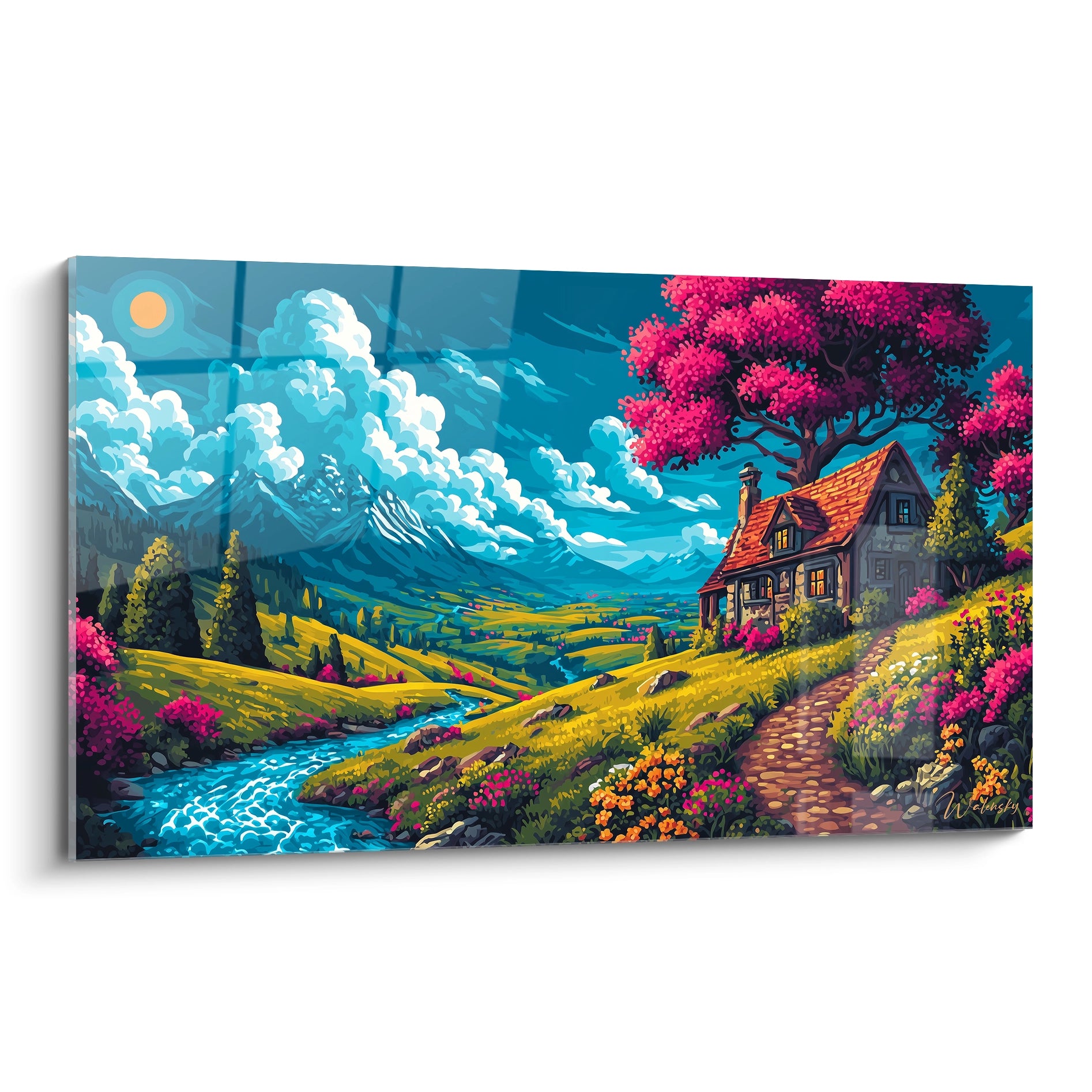 Tableau mural maison montagne style BD avec vallée colorée, rivière et fleurs roses - art décoratif