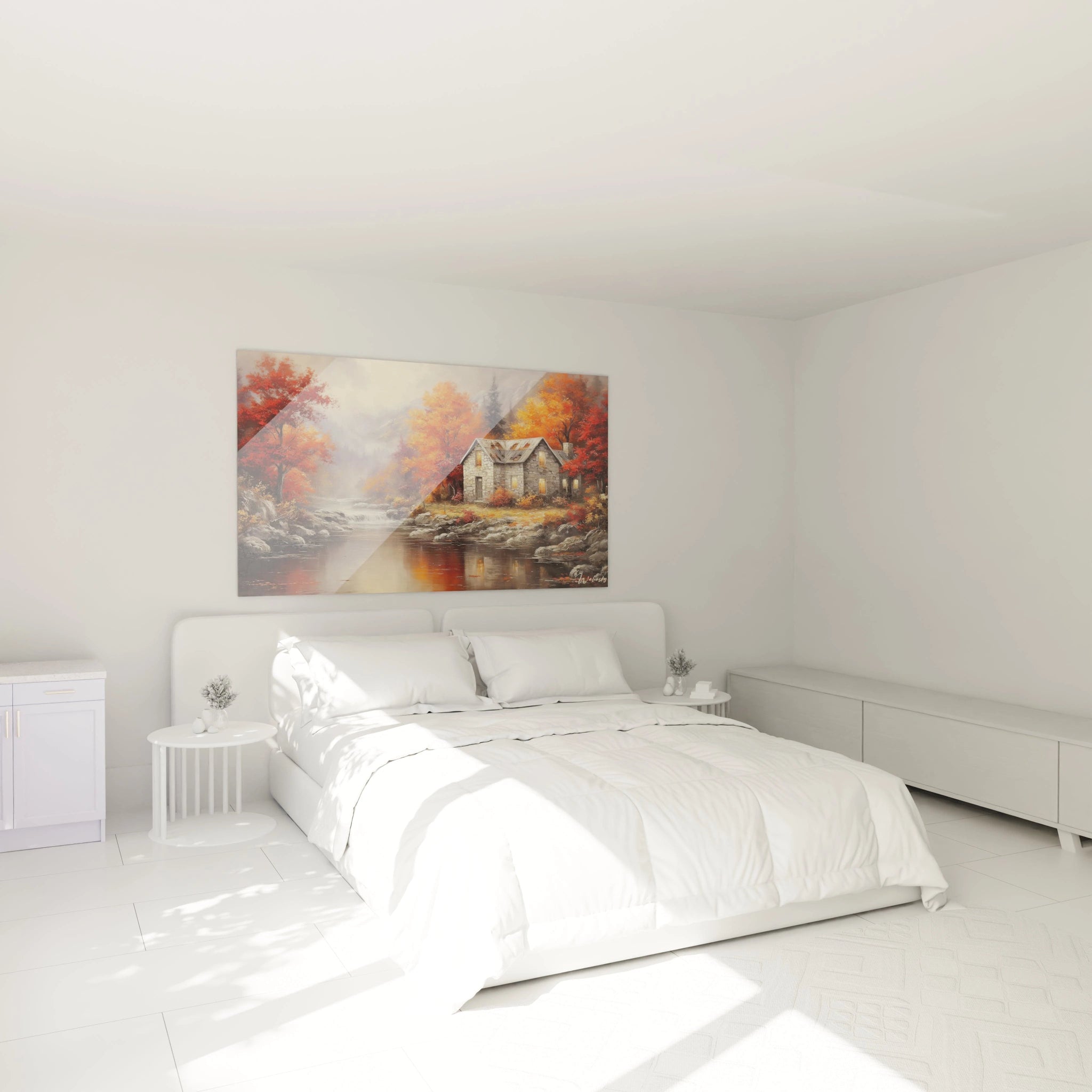 Walensky tableau décoratif automne paysage cabane au bord de l eau posé au dessus d un lit dans une chambre