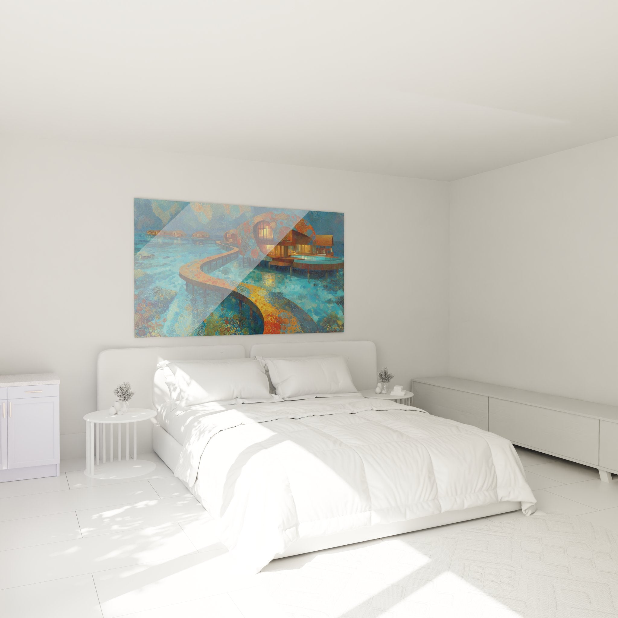 Tableau maison sous-marine futuriste décorant une chambre moderne avec éclairage tamisé