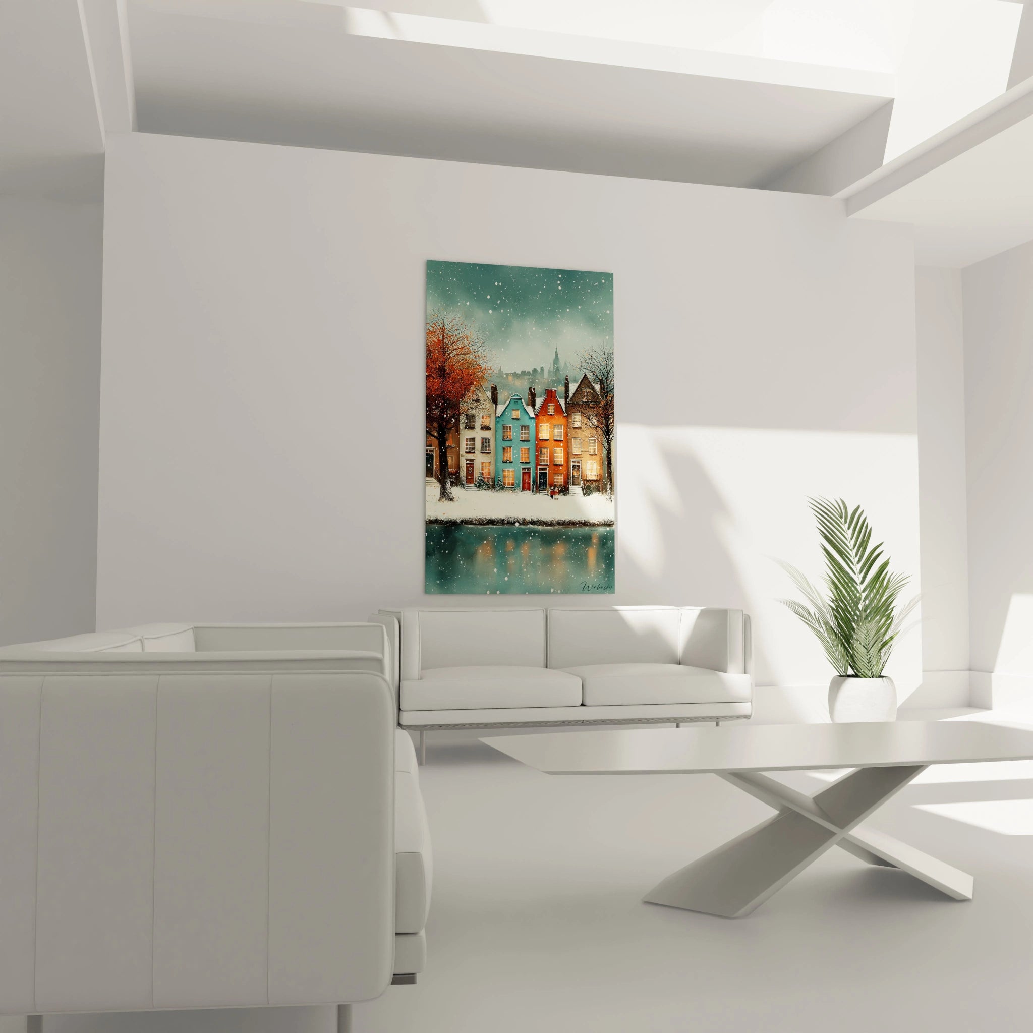 Tableau Walensky de maisons colorées enneigées au bord de l eau dans salon minimaliste tableau maisons hiver décoration murale