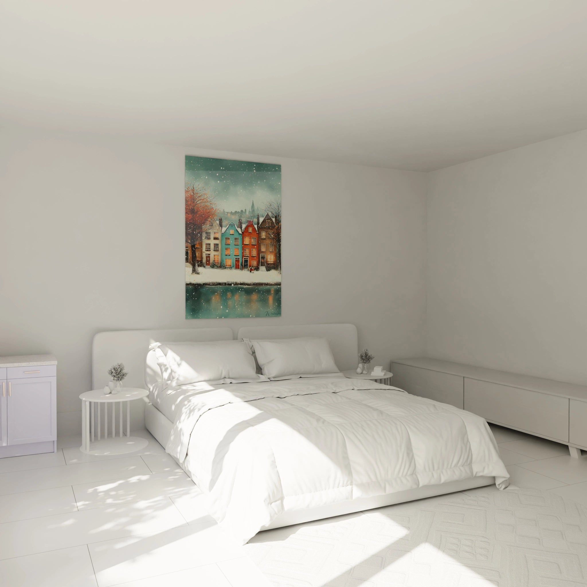 Tableau mural Walensky représentant maisons enneigées au bord de l eau ambiance calme tableau maisons hiver décoration murale