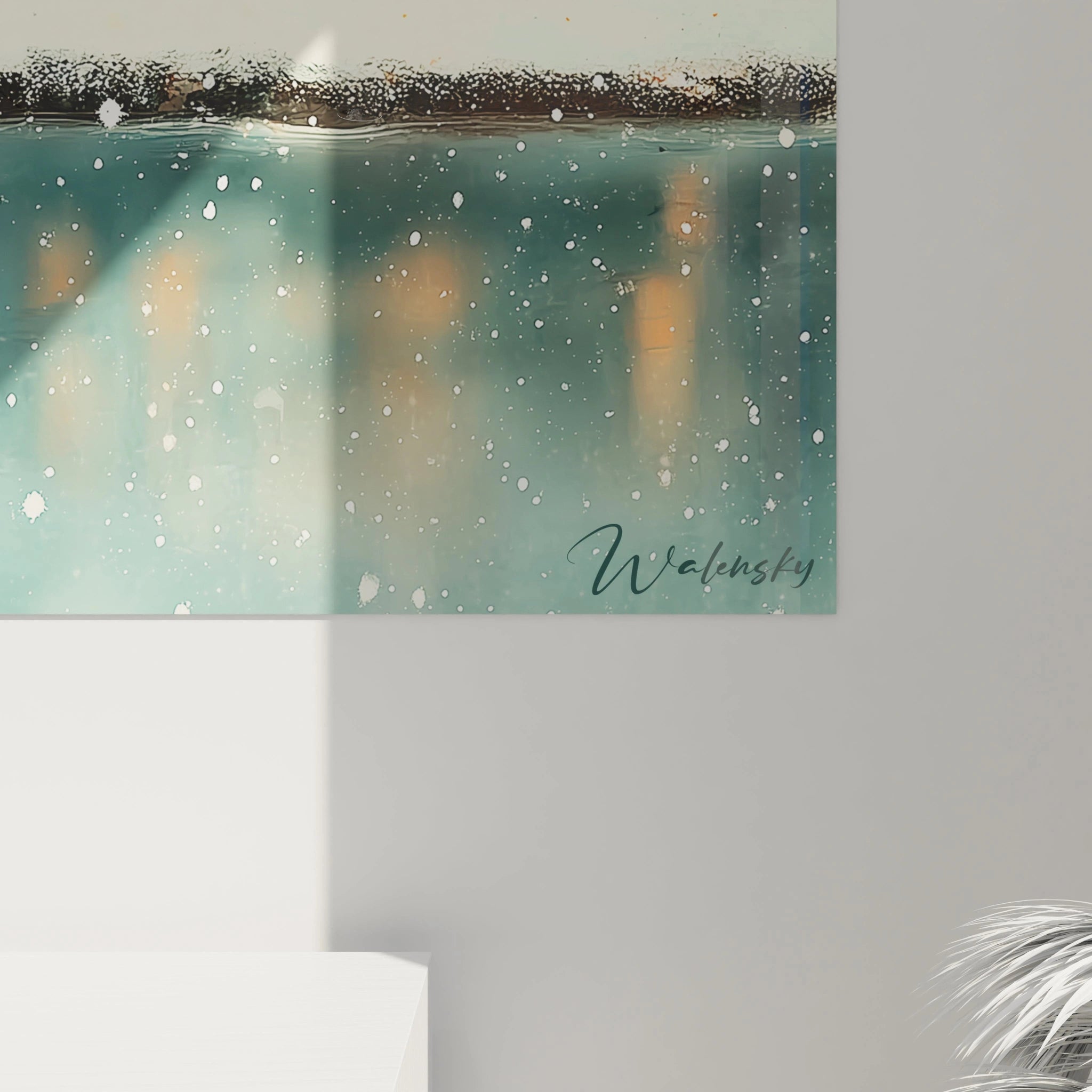 Tableau mural Walensky vert bleu abstrait montrant maisons sous la neige avec signature tableau maisons hiver décoration murale