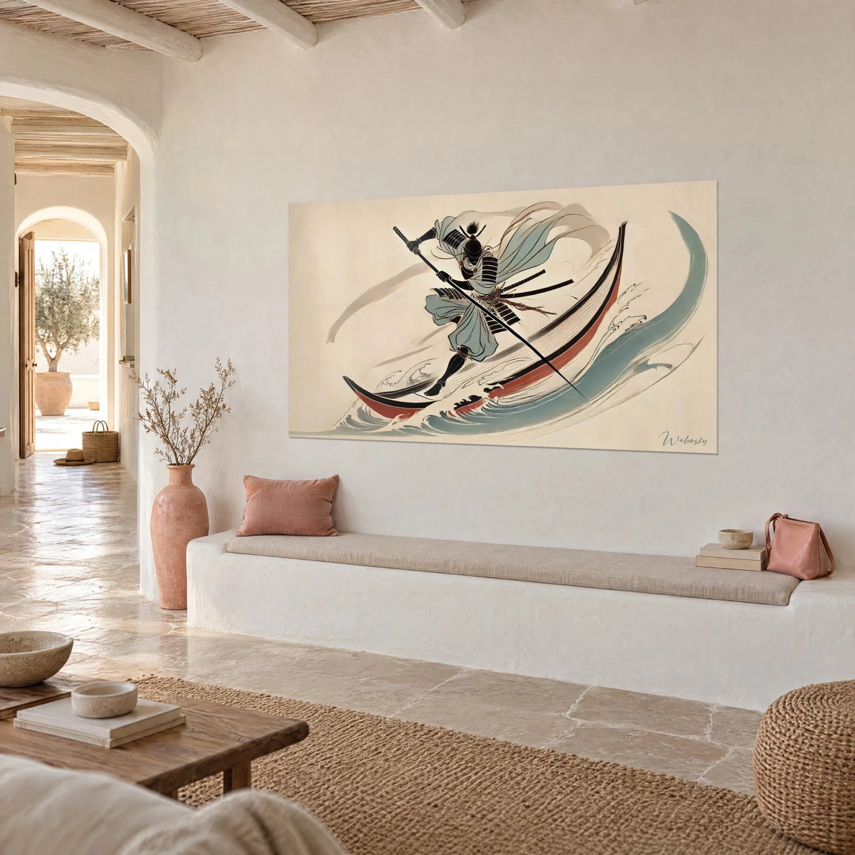 Wall art of a warrior in lamellar armour brandishing his spear, black ink, brick red and pale blue, above a white bench seat