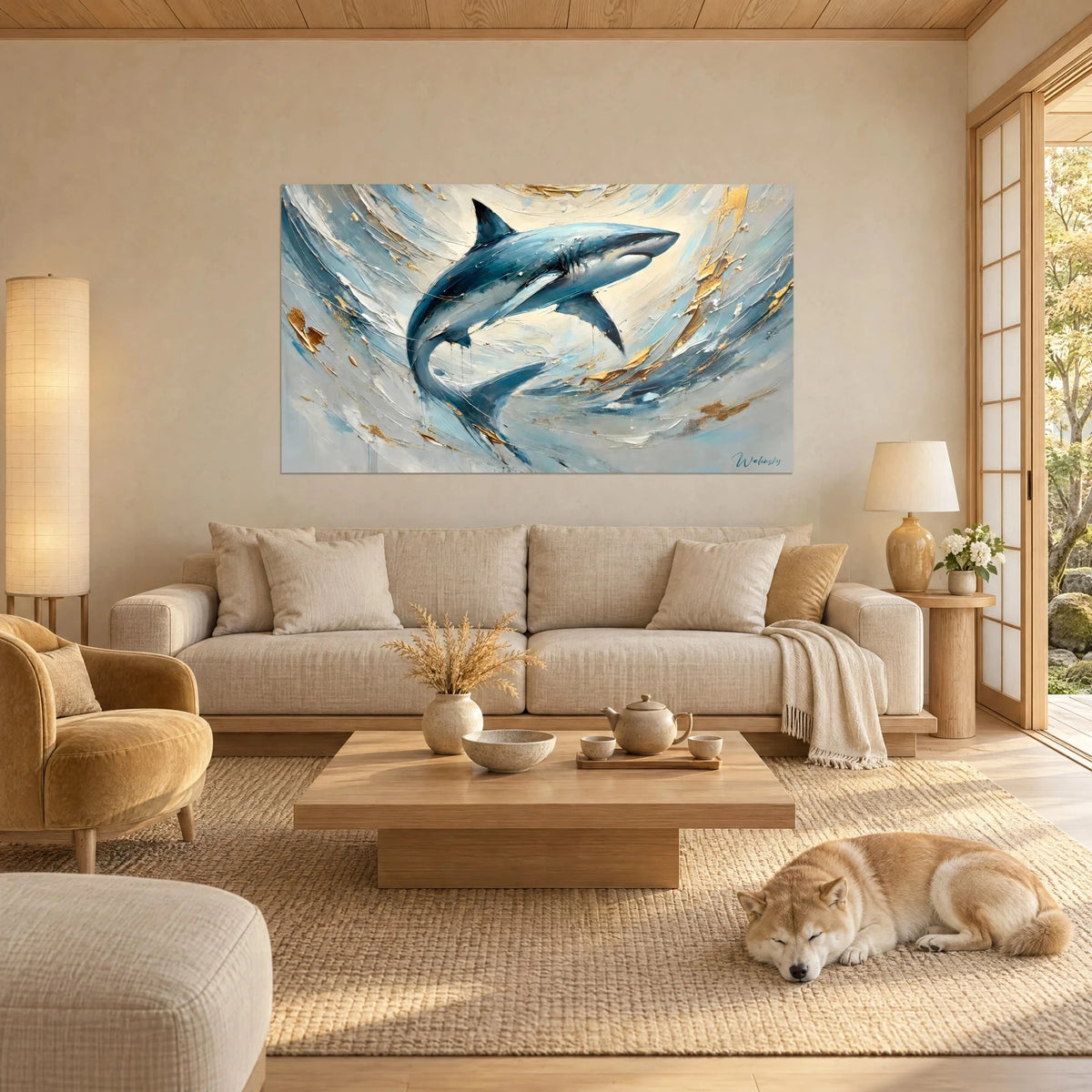 Gemälde eines springenden Blauhais aus stahlblauer Farbe, goldene Spachtelspuren auf cremefarbenem Grund, schlafender Shiba, über einem Sofa in einem hellen Wohnzimmer