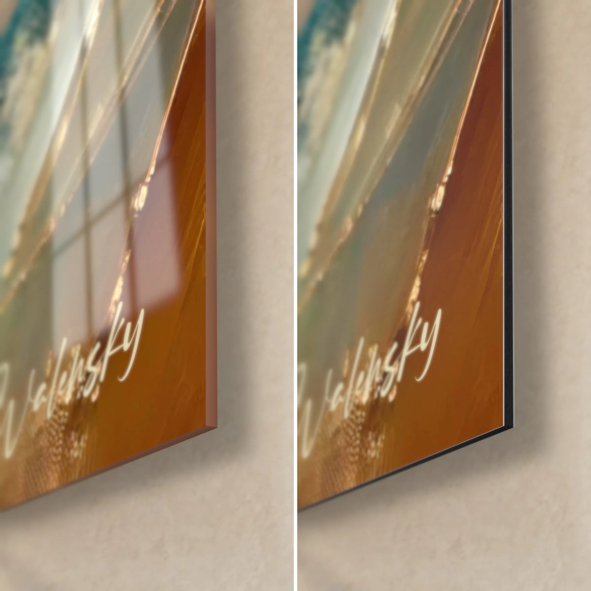 Gemälde Echse in Türkis, untere rechte Ecke: glänzendes Acrylglas, das das Licht reflektiert, mattes kupferbraunes Dibond-Aluminium, cremefarbene Signatur