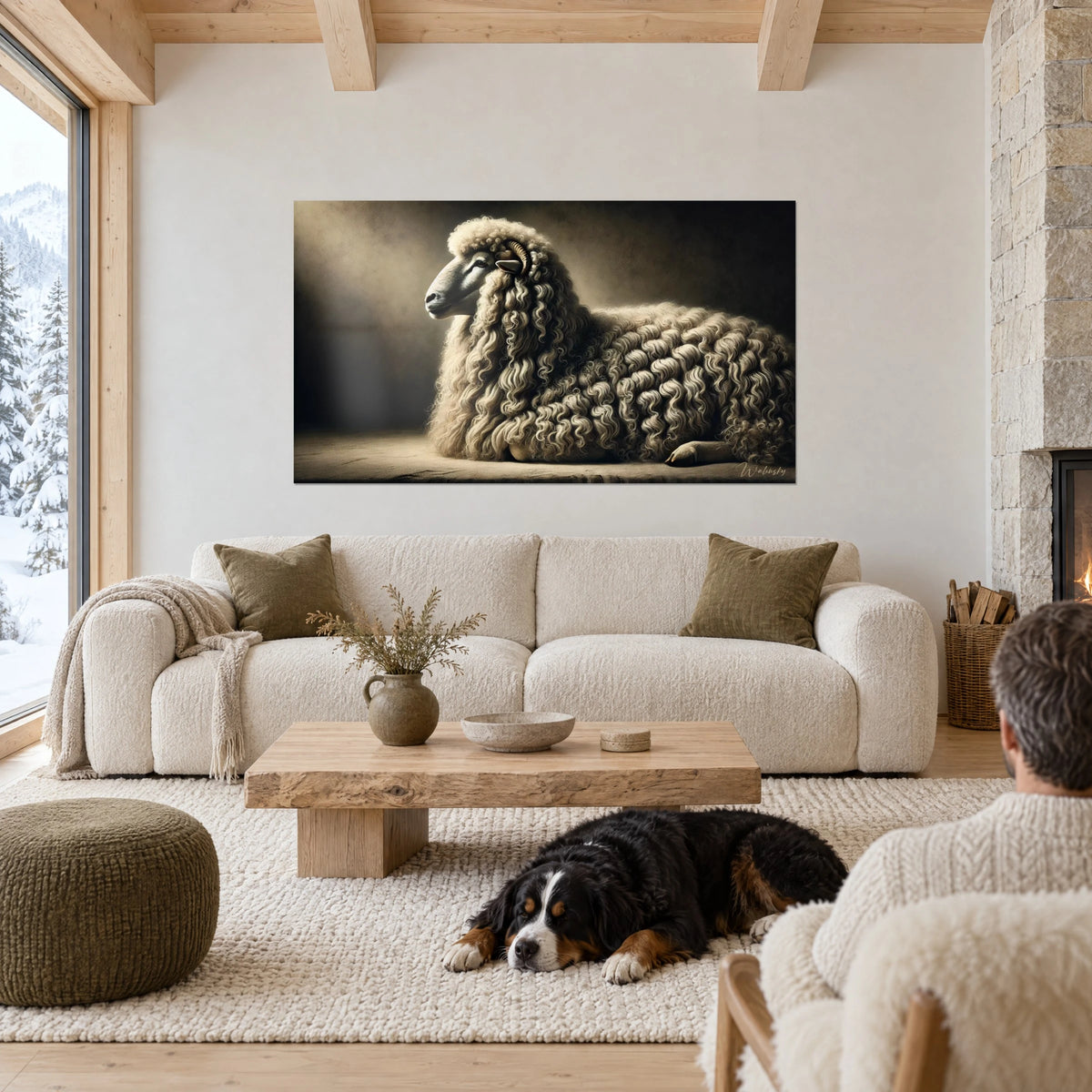 Tableau mouton couché à la laine bouclée ivoire sur fond brun sombre, un chien noir sommeille, au-dessus d'un canapé dans un salon lumineux