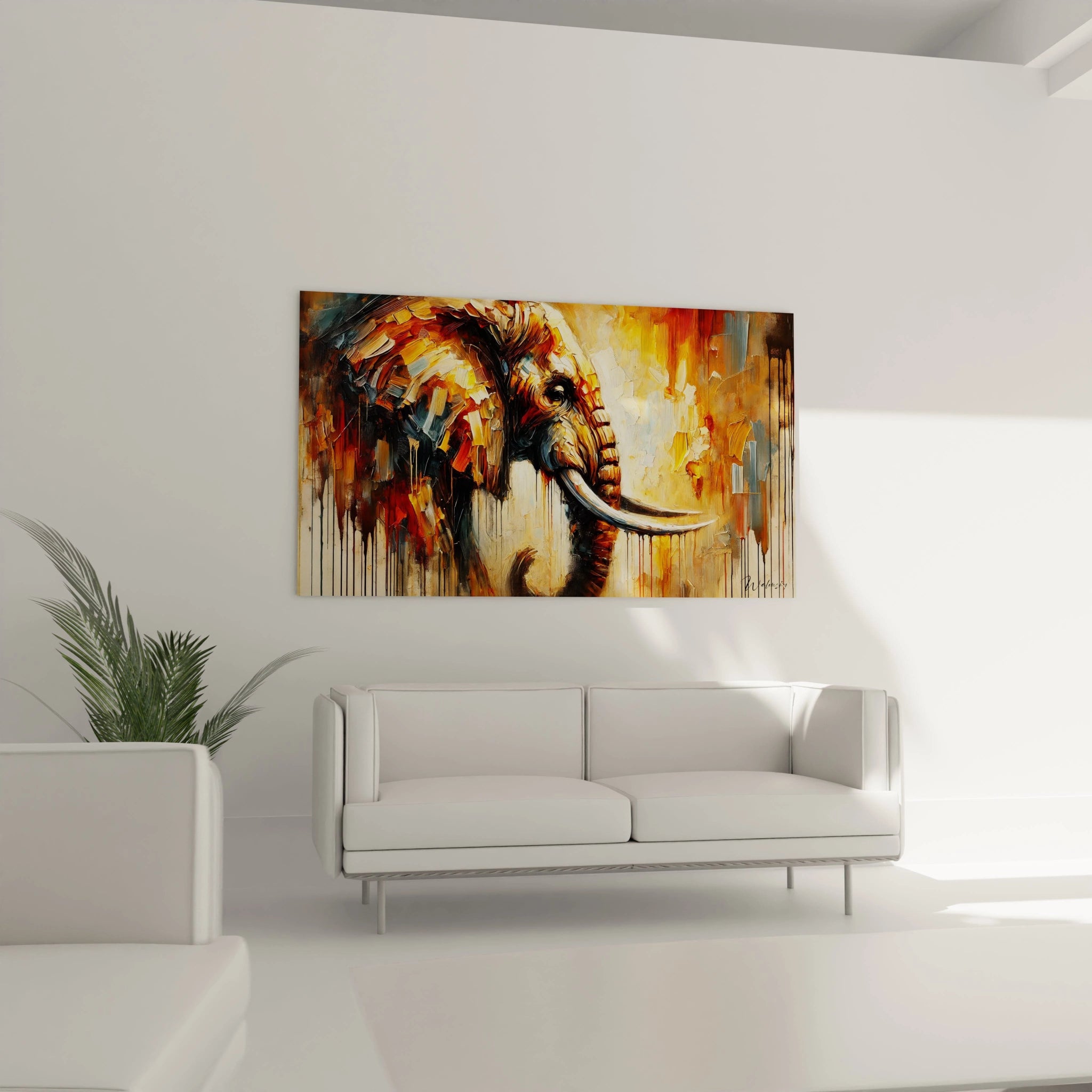 Accroché au-dessus du canapé dans le salon, ce tableau elephant apporte une energie unique à la pièce. La présence majestueuse de l’animal et ses couleurs dynamiques créent un point focal captivant.


