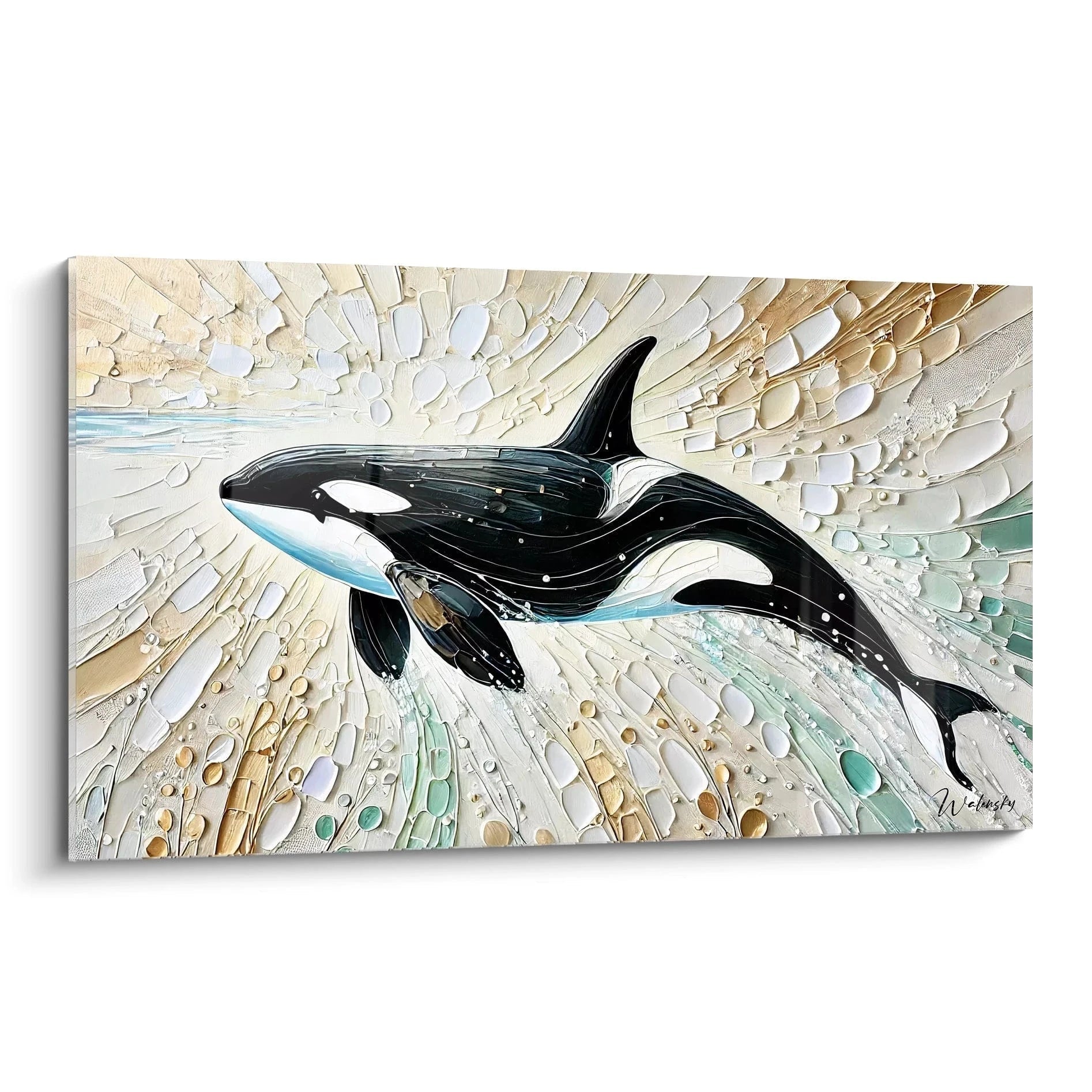 Ce tableau orque en biais révèle la grâce de l'orque nageant à travers une mer stylisée. Les lignes fluides et les contrastes saisissants apportent une touche dynamique à votre espace.

