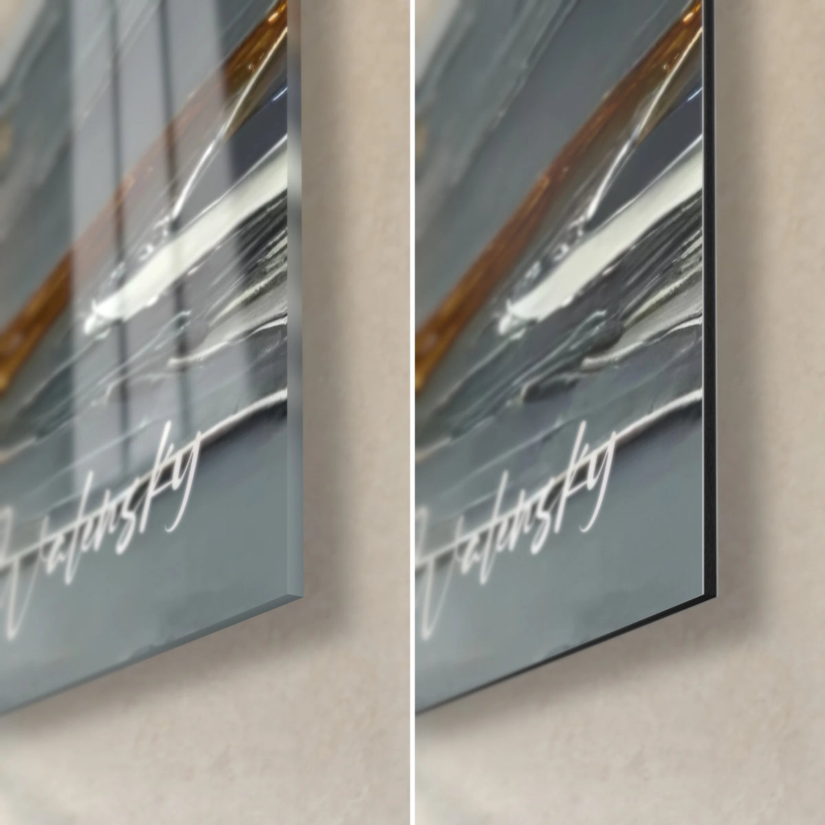 Wall art penguin with white chest, bottom right corner: glossy acrylic glass on the left, matte Dibond on the right, 3 mm edge