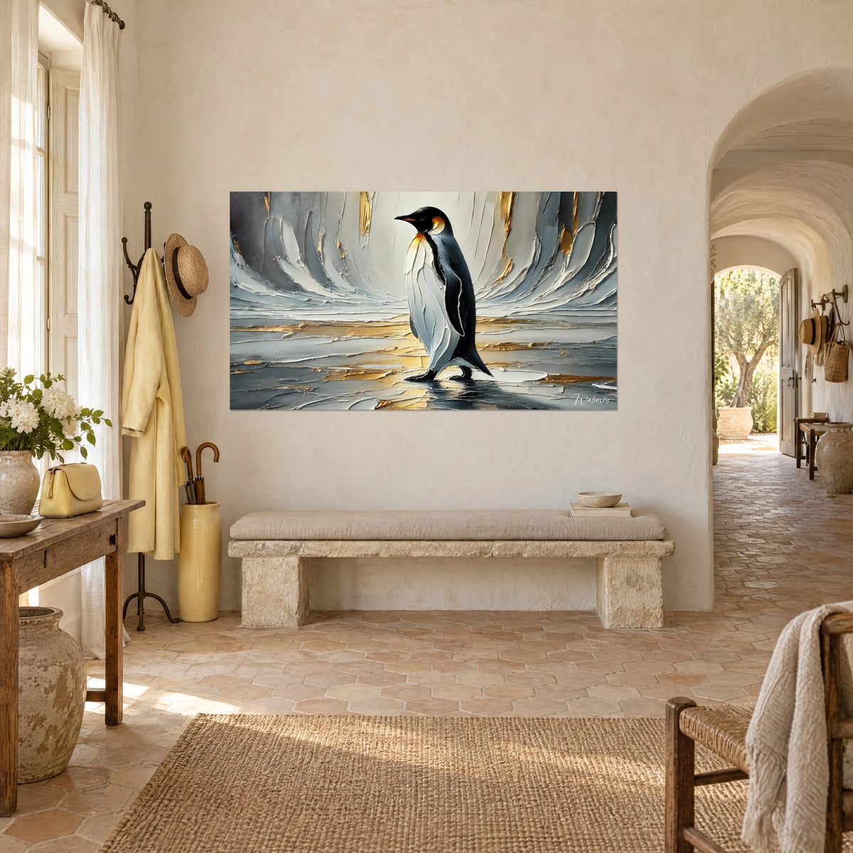 Wall art polar bird in black and ivory on metallic ice floe, silver and gold tones, in the entrance of a Provençal farmhouse