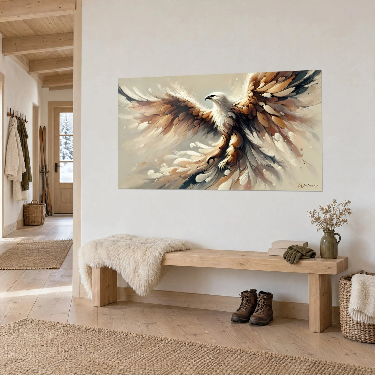 Tableau rapace blanc et brun, ailes grandes ouvertes, plumes en larges touches beige et ocre, sur mur clair au-dessus d'un banc en bois