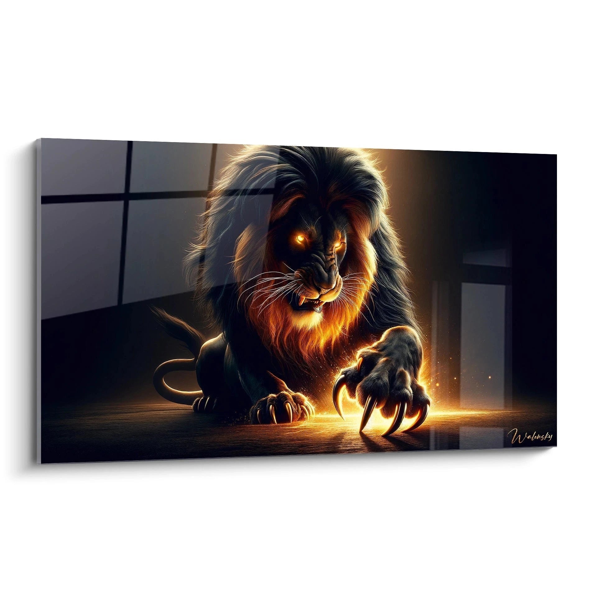Un tableau d'animal représentant un lion noir avec une crinière et un poitrail aux tons orangés lumineux sur fond sombre. Les yeux dorés brillants et les griffes acérées se distinguent nettement. La texture détaillée du pelage contraste avec les éclats de lumière jaune-orangé qui émanent des griffes et illuminent partiellement l'animal.

