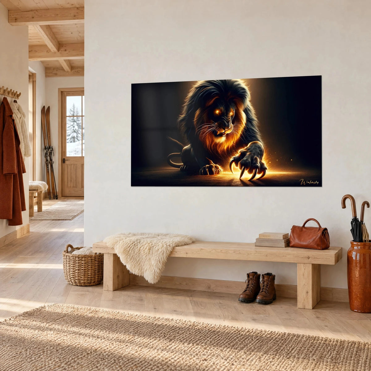 Tableau fauve aux yeux ambrés rampant dans l'ombre, crinière noire et orange, patte lumineuse, mur blanc d'un chalet
