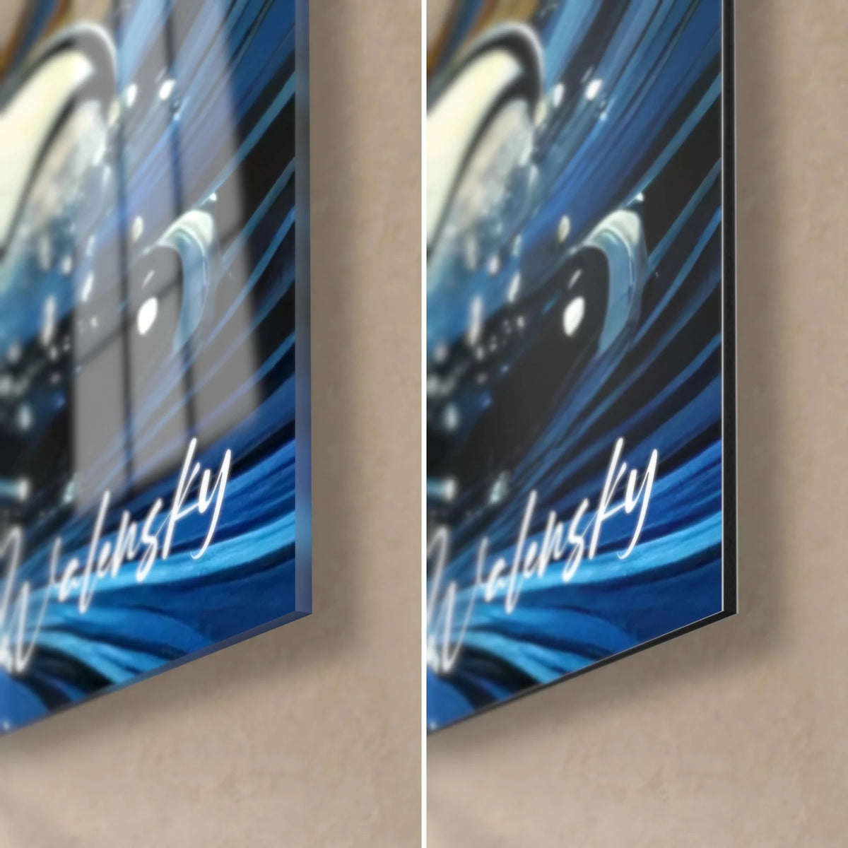 Gemälde Stilisierter Orca, untere rechte Ecke in glänzendem Acrylglas und mattem Alu-Dibond, 3 mm Kante, königsblaue und cremefarbene Wellen
