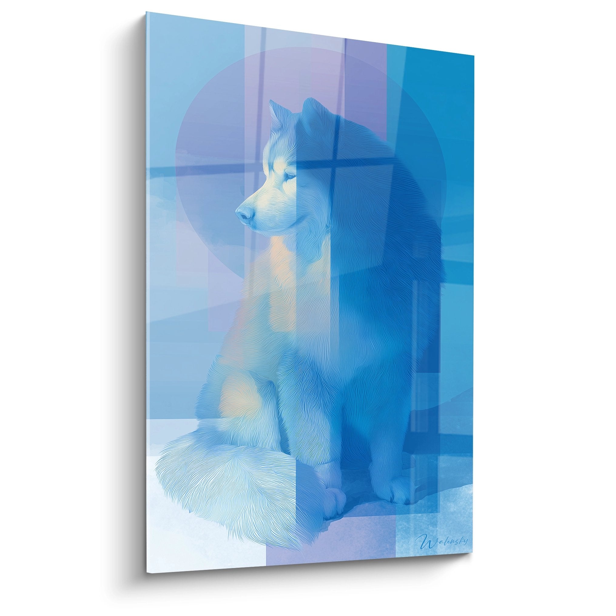 Tableau artistique Malamute Alaska bleu avec superpositions géométriques, portrait chien nordique moderne