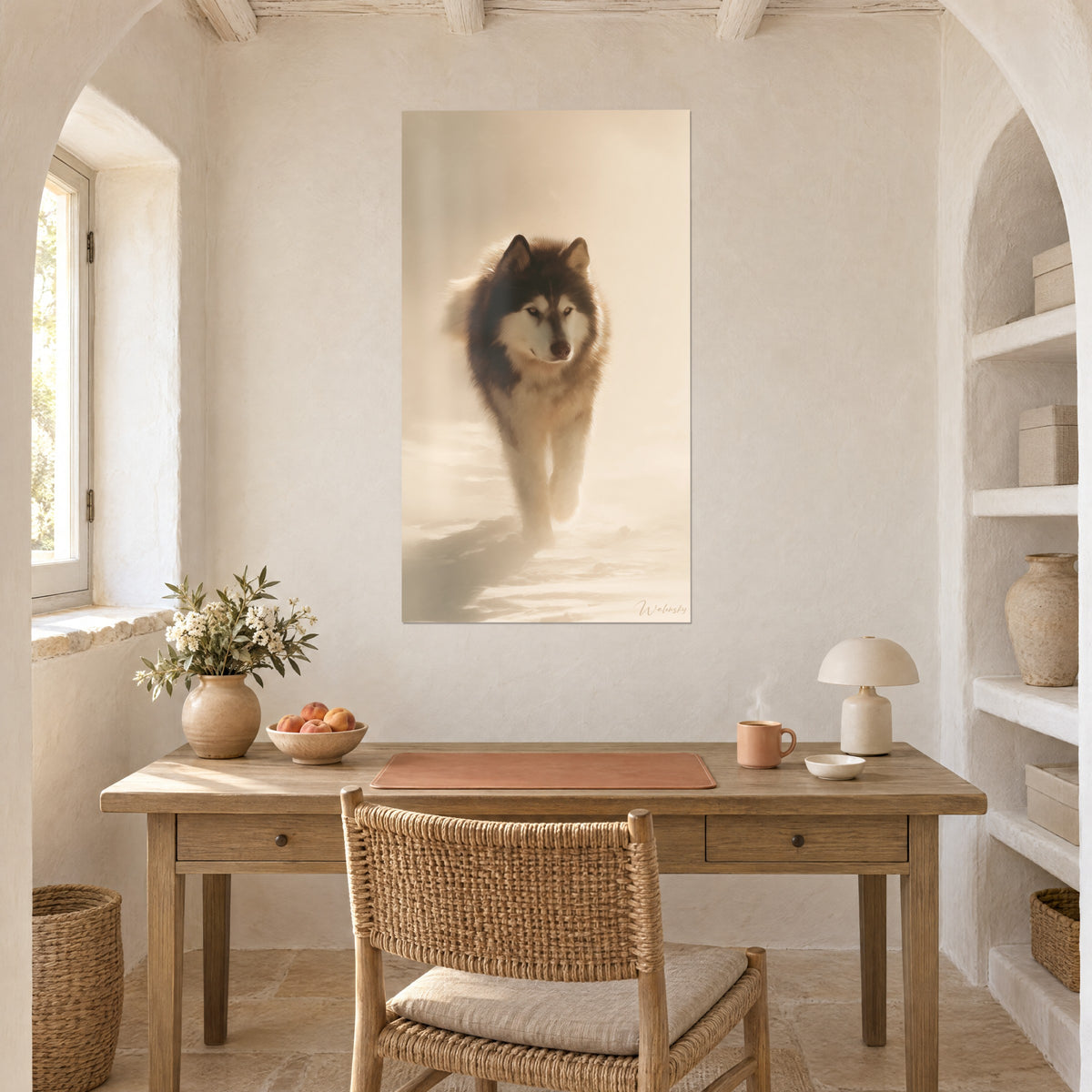 Wall art of a Malamute with ears pricked up in an ivory and honey powder snowstorm, hung above a light wood desk beside an alcove