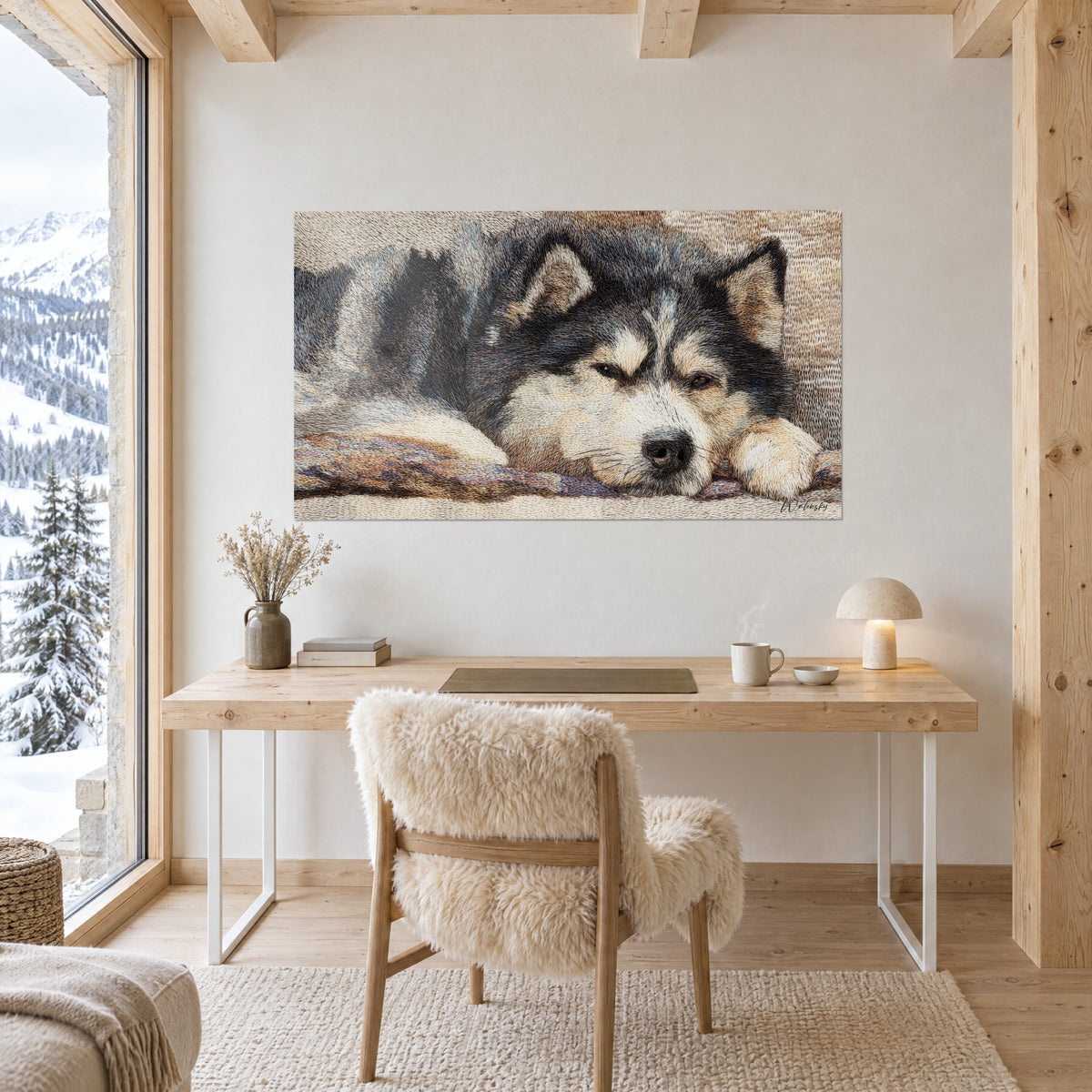 Retrato de un malamute tranquilo, ojos marrones entrecerrados, pelaje antracita y arena dorada, escritorio de madera clara, sillón de piel de oveja y lámpara