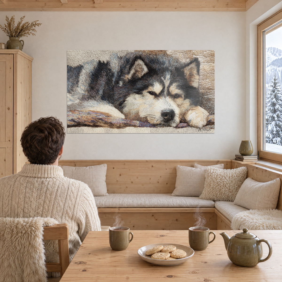 Cuadro de un perro nórdico en reposo, oreja erguida, máscara crema y gris azulado, textura de bordado densa, pared blanca, sofá de esquina de madera y ventana nevada