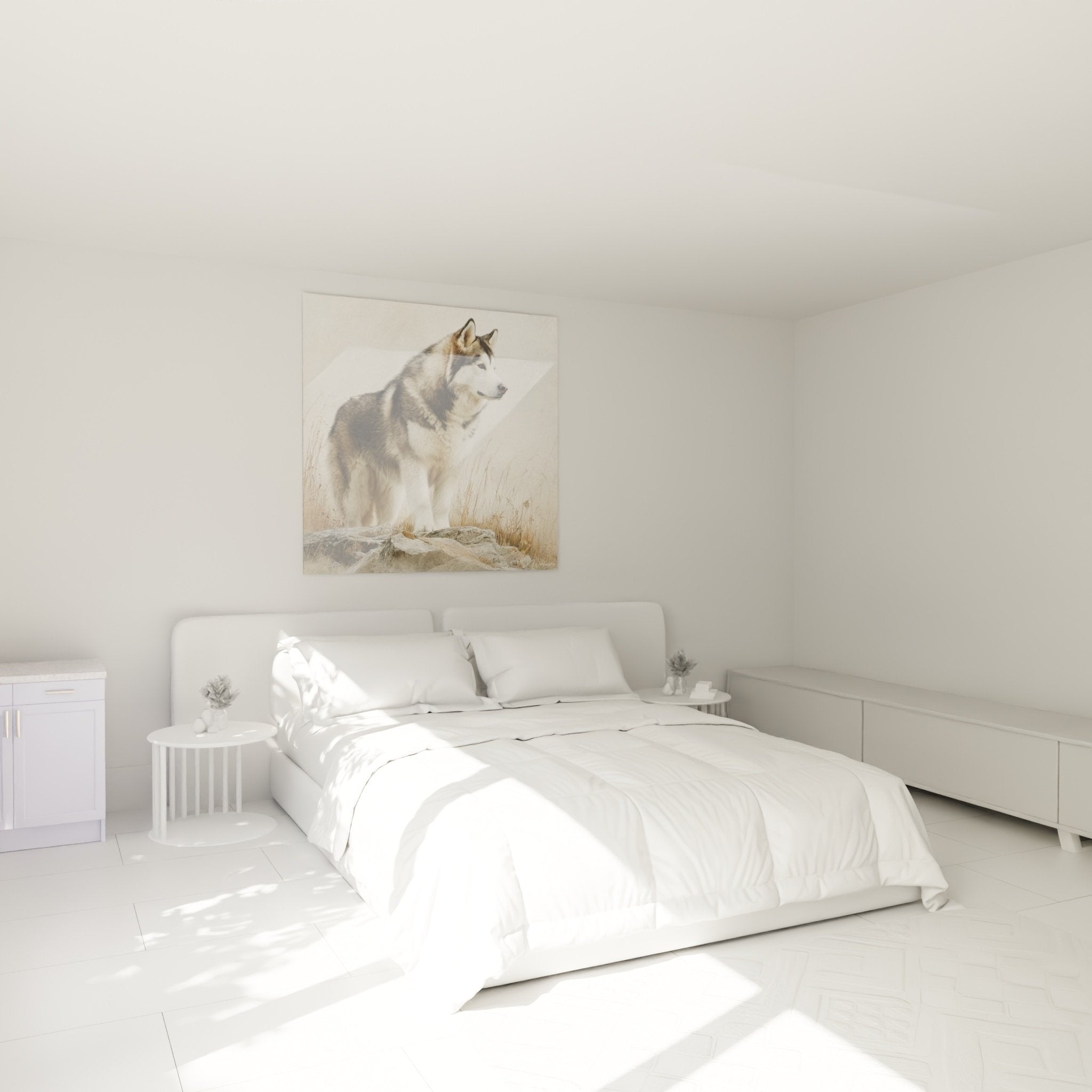 Tableau Malamute Alaska dans chambre moderne avec décoration naturelle et tons beiges harmonieux
