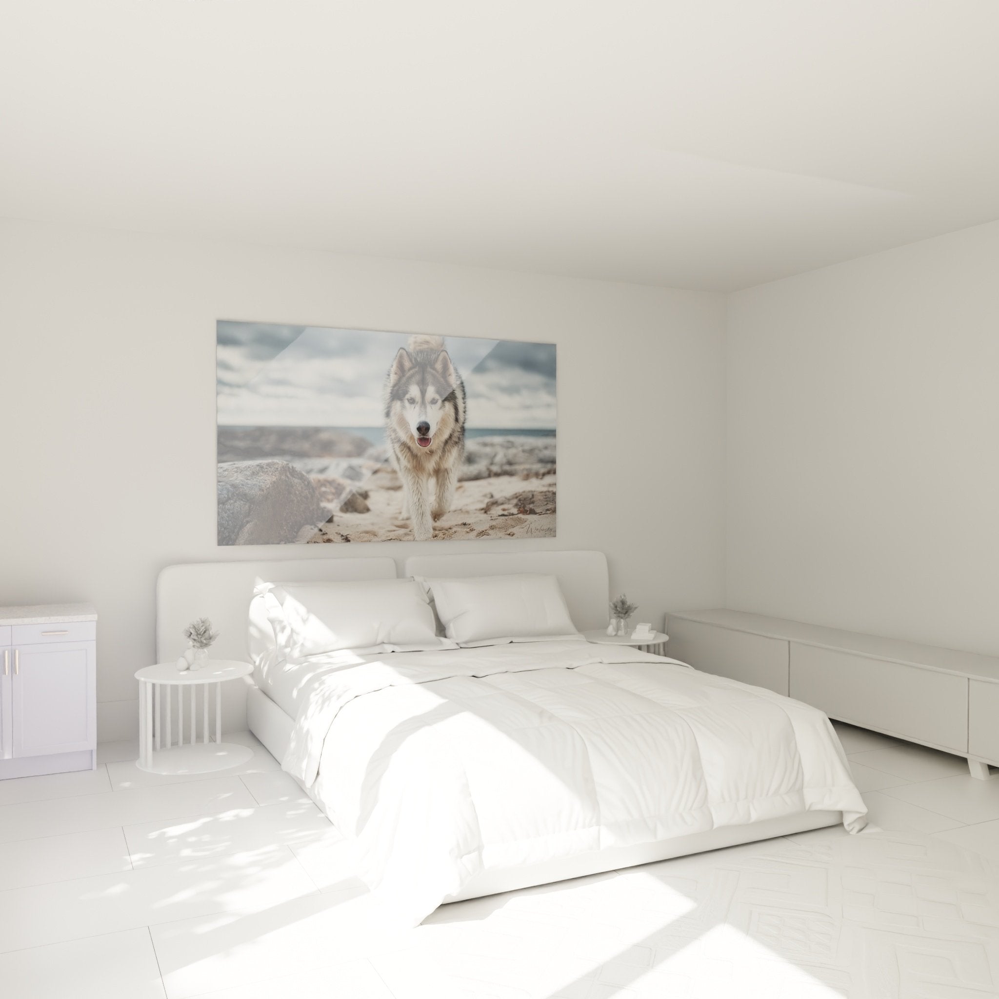Tableau malamute alaska plage sable dans chambre moderne decoration murale chien nordique ocean