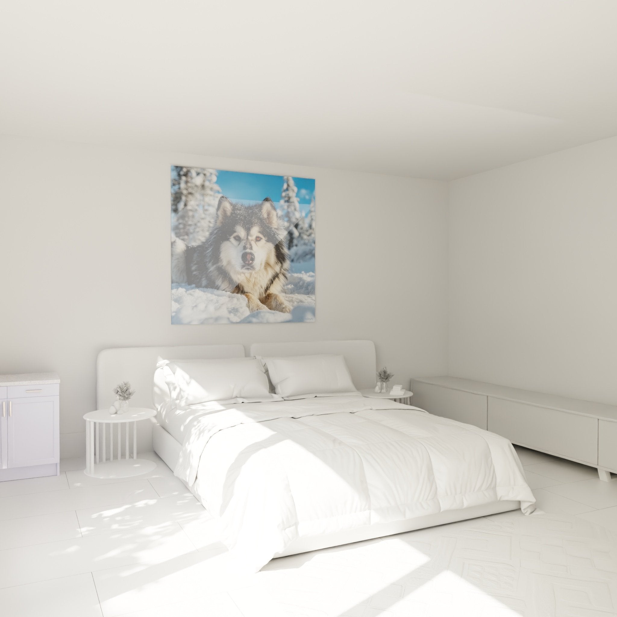 Tableau Malamute Alaska dans chambre moderne, décoration murale chien nordique dans la neige tons chaleureux