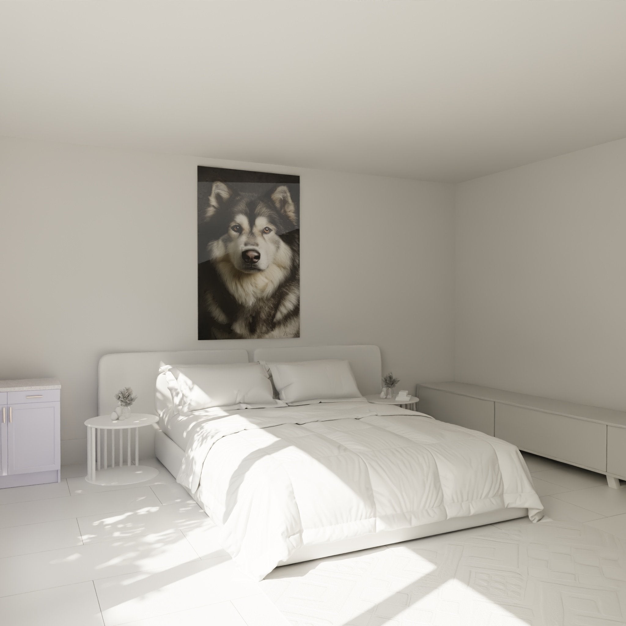 Tableau Malamute Alaska portrait chien yeux dorés décoration murale chambre ambiance cosy