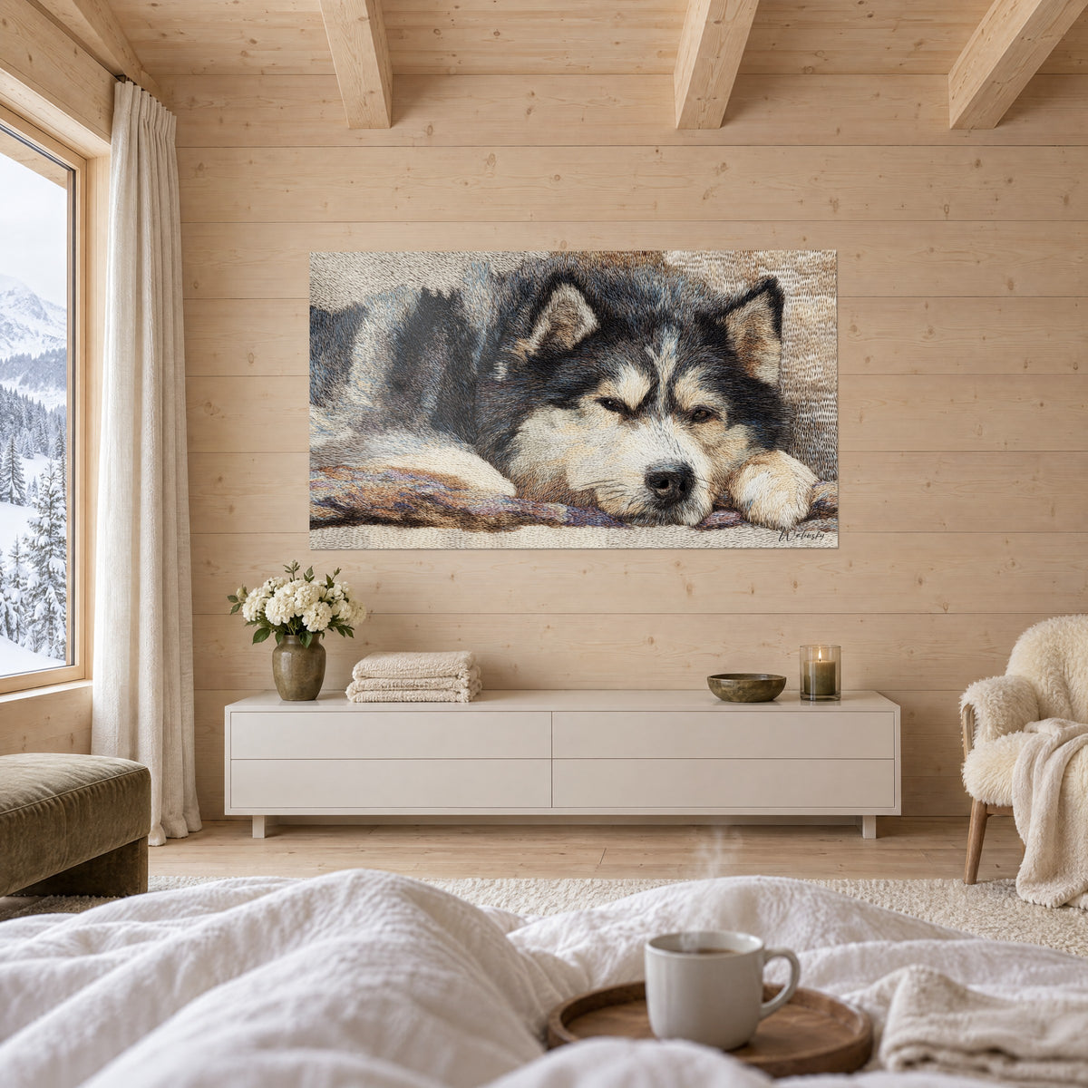 Cuadro de un lobo de Alaska adormilado, párpados entrecerrados, pelaje beige arena y negro profundo, cabeza apoyada en un cojín, encima de una cama en un dormitorio luminoso