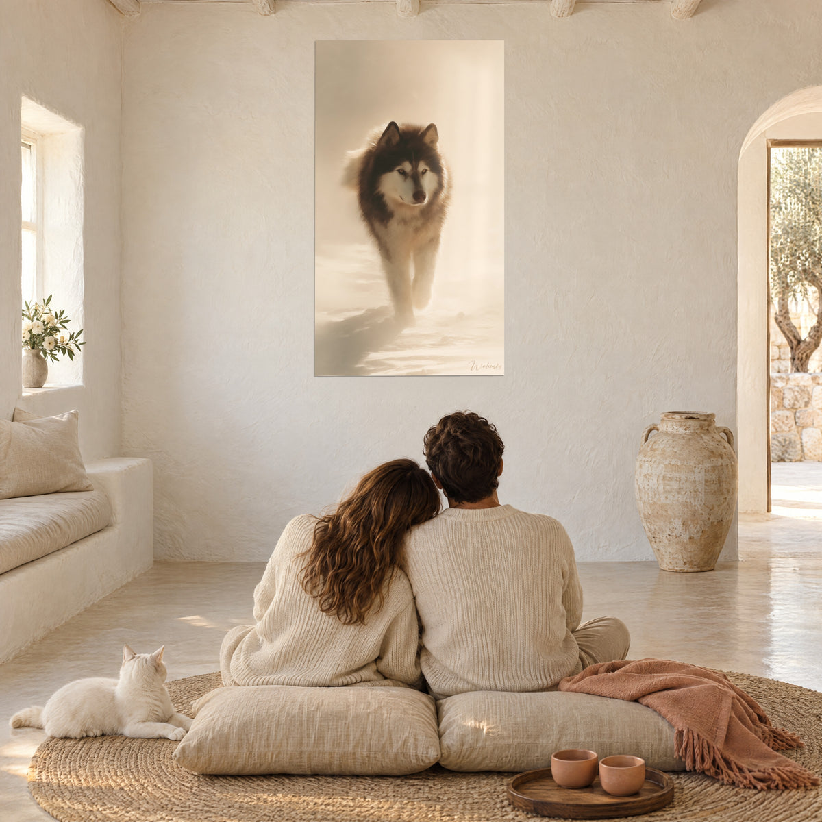 Wall art of a sled dog in full stride, chocolate and white coat in a golden halo, couple seen from behind seated with a cat on a wicker rug