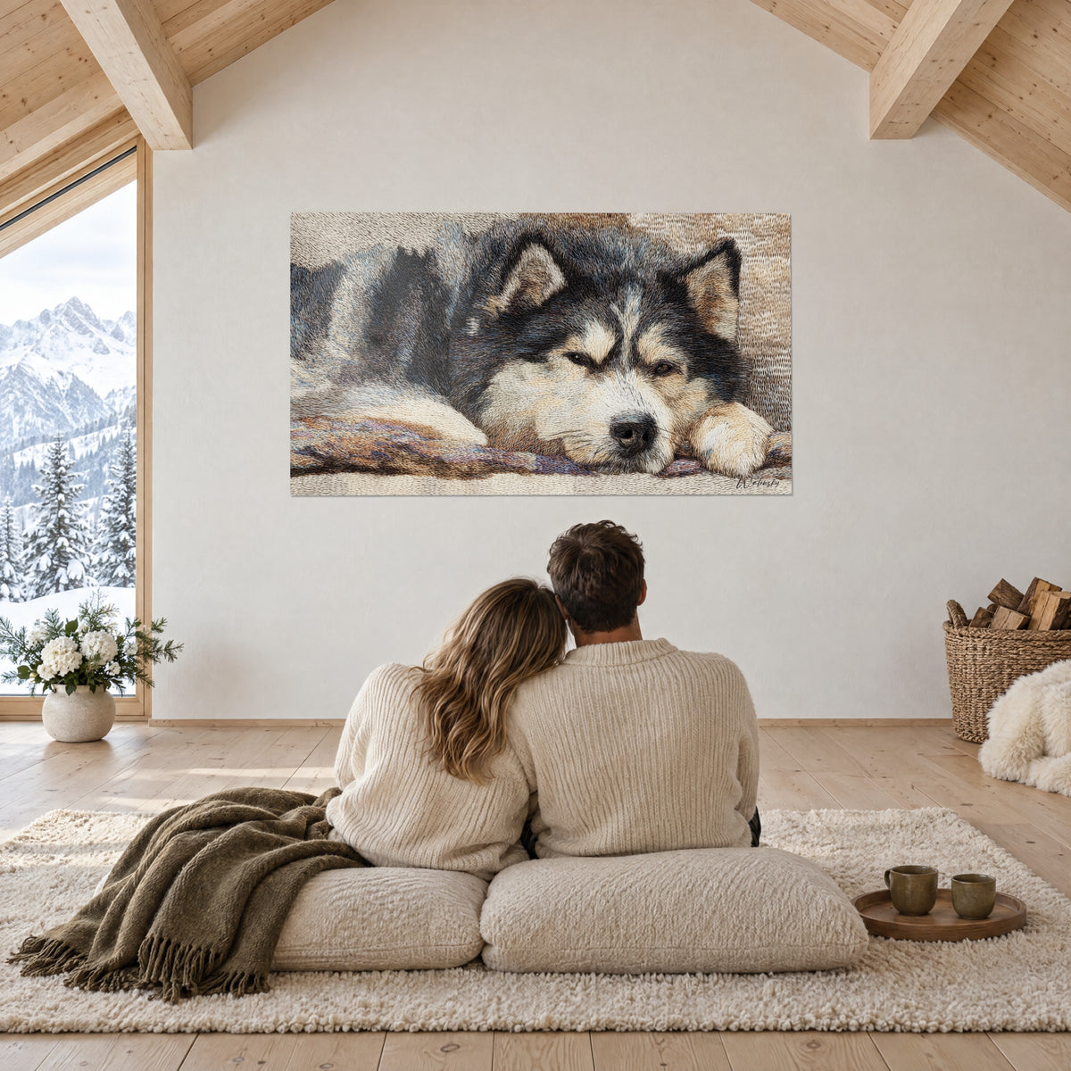 Cuadro de un cachorro husky durmiendo sobre una alfombra, nariz negra, patas blanco roto y pelaje carbón, pared blanca, vigas de madera y cumbres nevadas