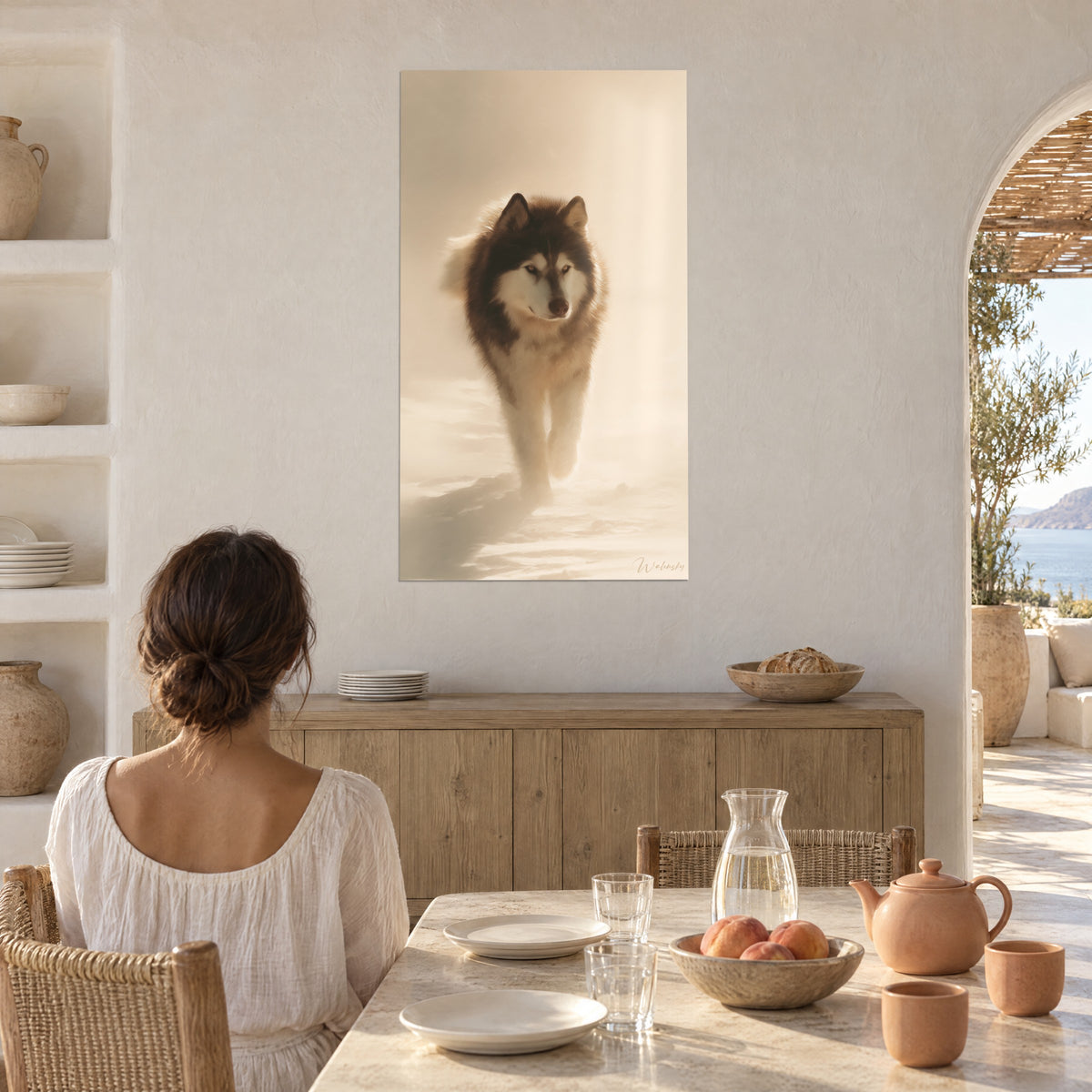 Wall art of a northern canine with a piercing gaze, deep brown and cream fur against a golden snow background, woman seen from behind beside a dining table