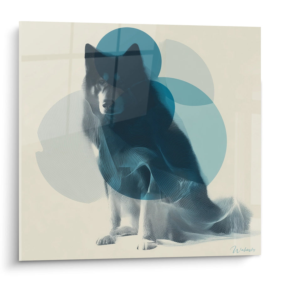 Tableau Chien Nordique Cercles Géométriques Bleus - Vision Arctique - Edition Malamute Alaska