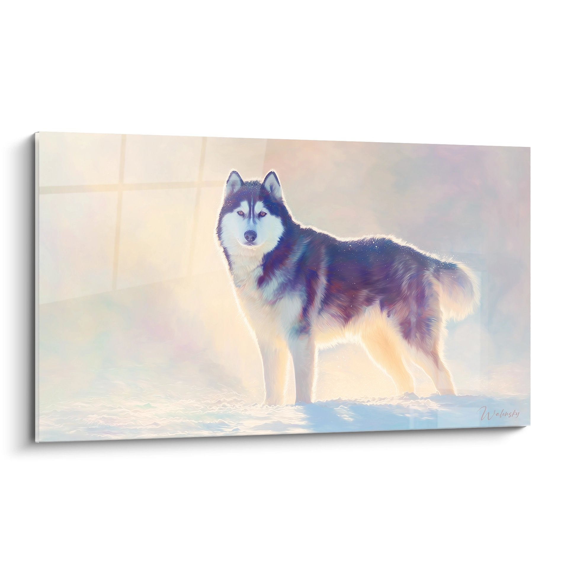Tableau majestueux malamute alaska neige doree brume violette lumiere arctique portrait canin nordique