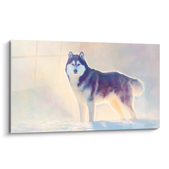 Majestätisches Gemälde Alaskan Malamute Schnee goldenes Licht violetter Nebel arktisches Licht nordisches Hundeporträt