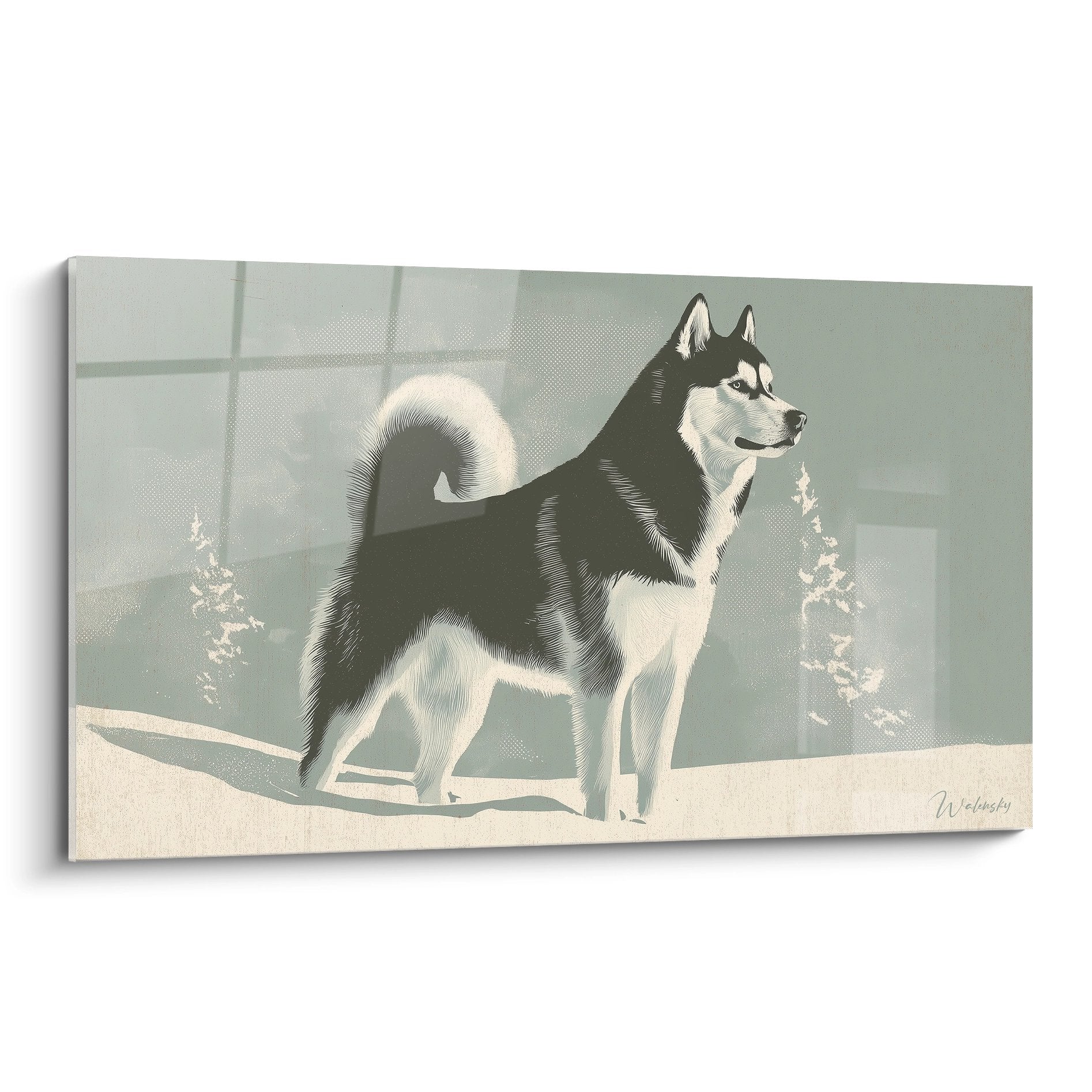 Tableau malamute alaska noir blanc sur terrasse enneigee tons poudres style artistique elegance nordique
