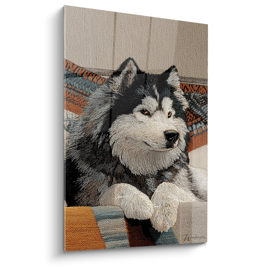 Tableau Malamute Allongé aux Yeux Dorés sur Motifs Géométriques - Regard Sauvage - Edition Malamute Alaska
