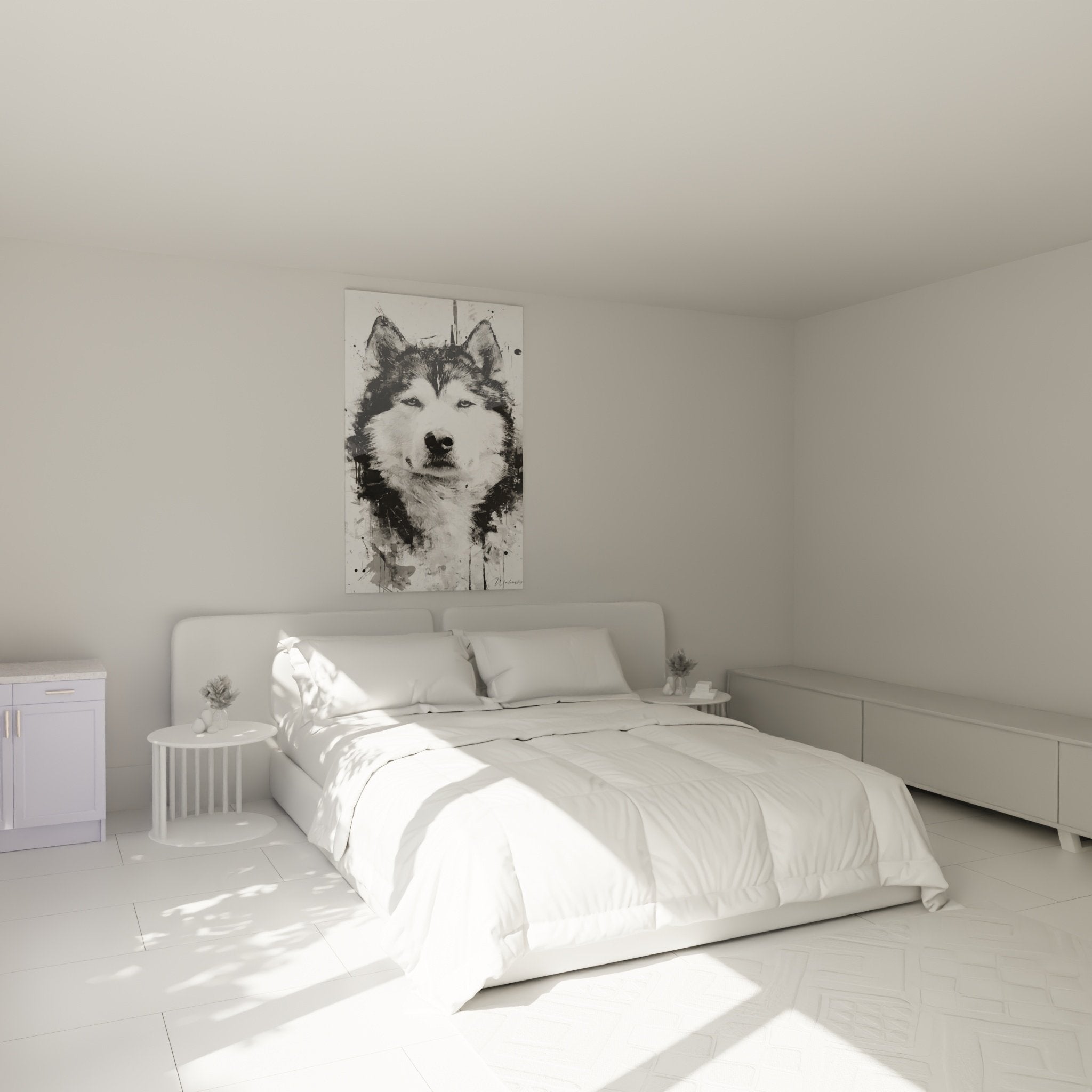 Tableau Malamute Alaska noir et blanc dans chambre moderne avec decoration nordique