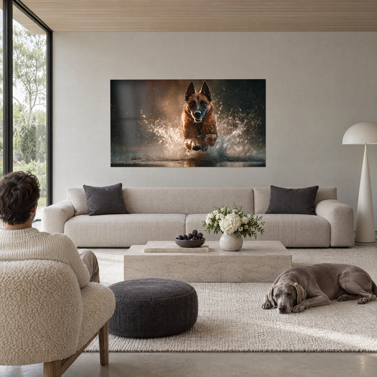 Schilderij van een springende Mechelse herder tussen koperkleurige waterstralen op een zwarte achtergrond, hangend boven een bank in een lichte woonkamer