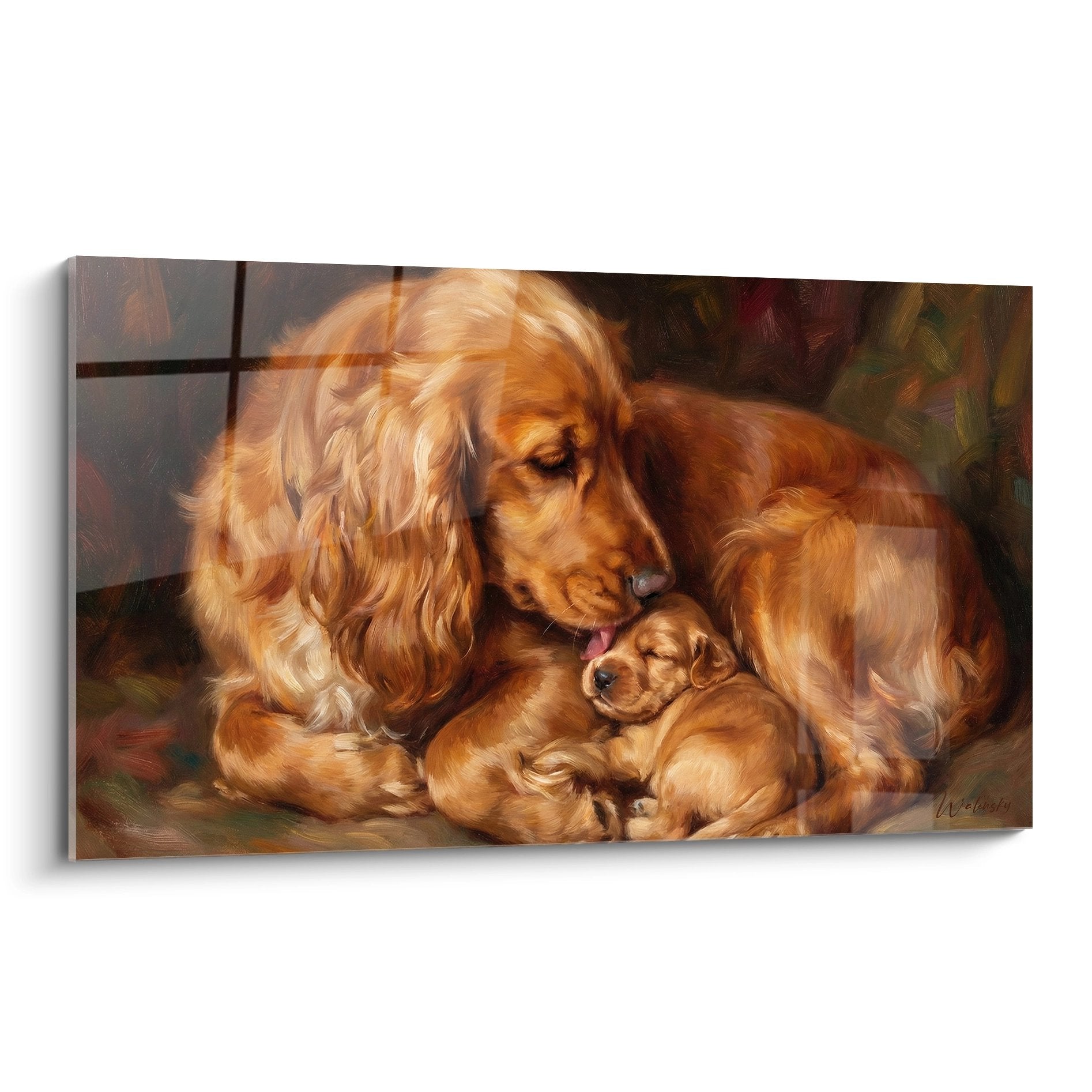 Tableau maman cocker anglais doré avec son chiot - scène maternelle touchante aux tons chauds