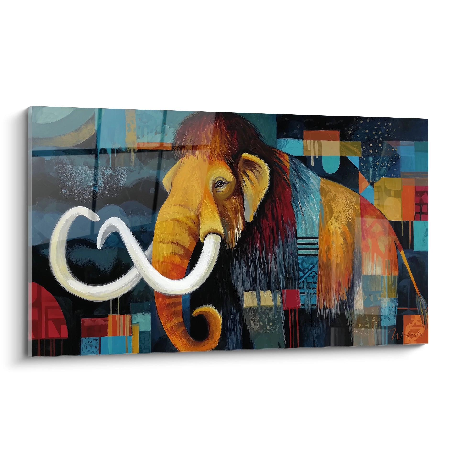 Tableau mural mammouth laineux abstrait aux couleurs vives avec défenses blanches sur fond géométrique coloré