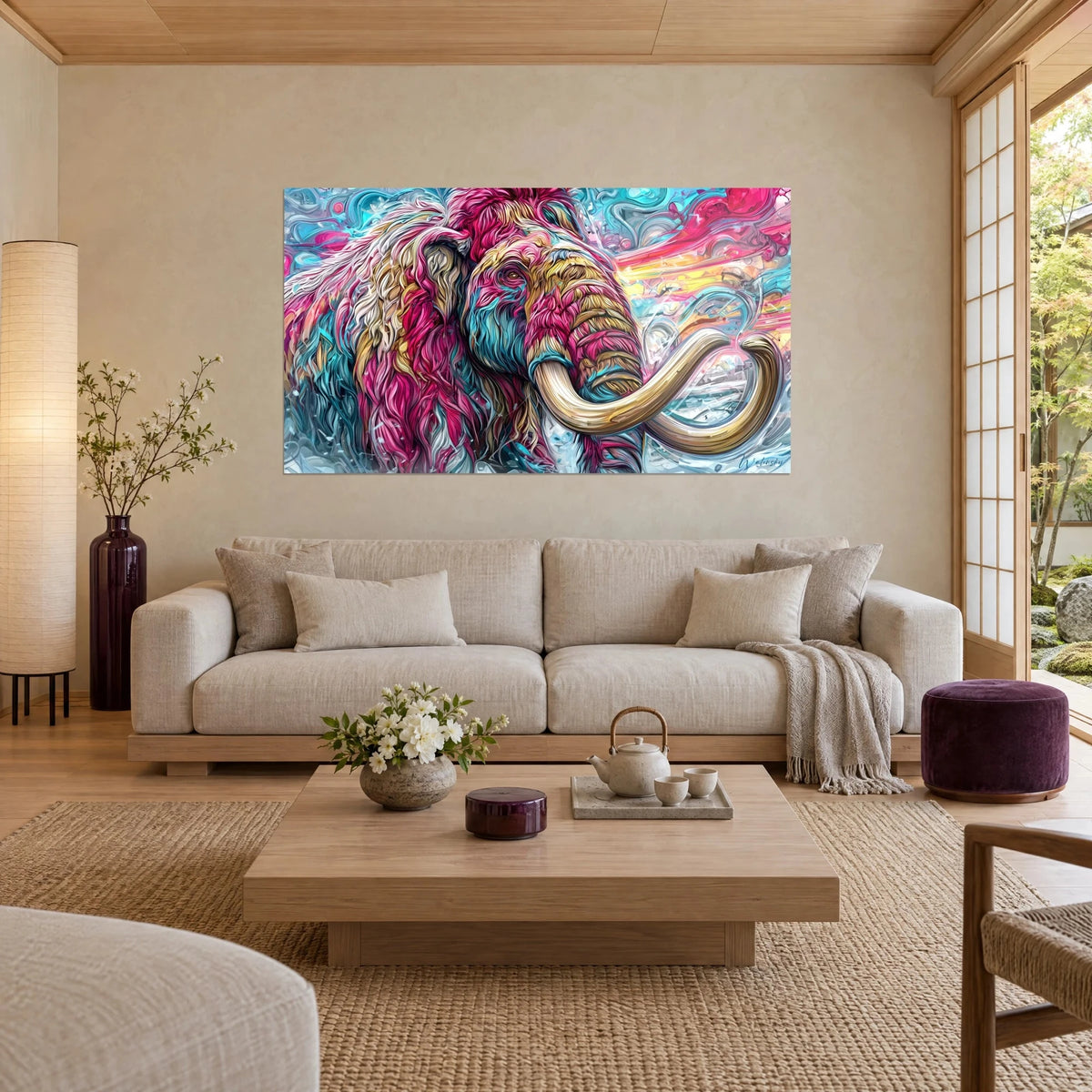 Wall art woolly mammoth with fuchsia and turquoise fur, spiral ivory tusks, above a sofa in a bright living room