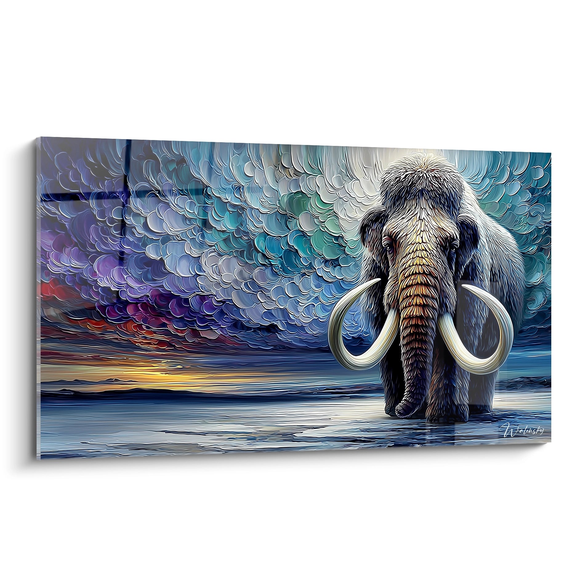 Tableau mural mammouth laineux dans l'eau sous ciel orageux aux nuages stylisés bleus et violets