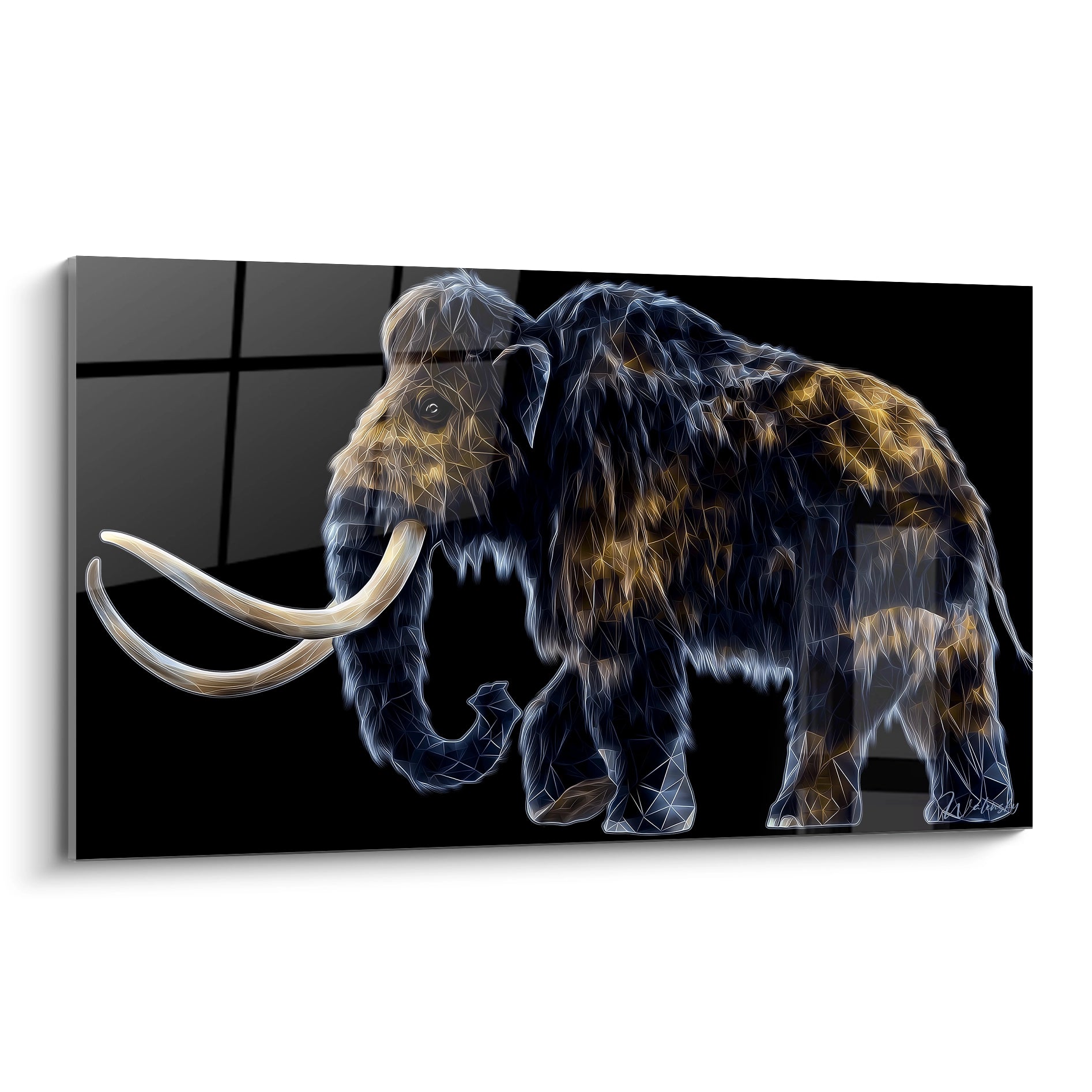 Tableau mural mammouth laineux avec effets néon bleus et dorés sur fond noir, art préhistorique moderne