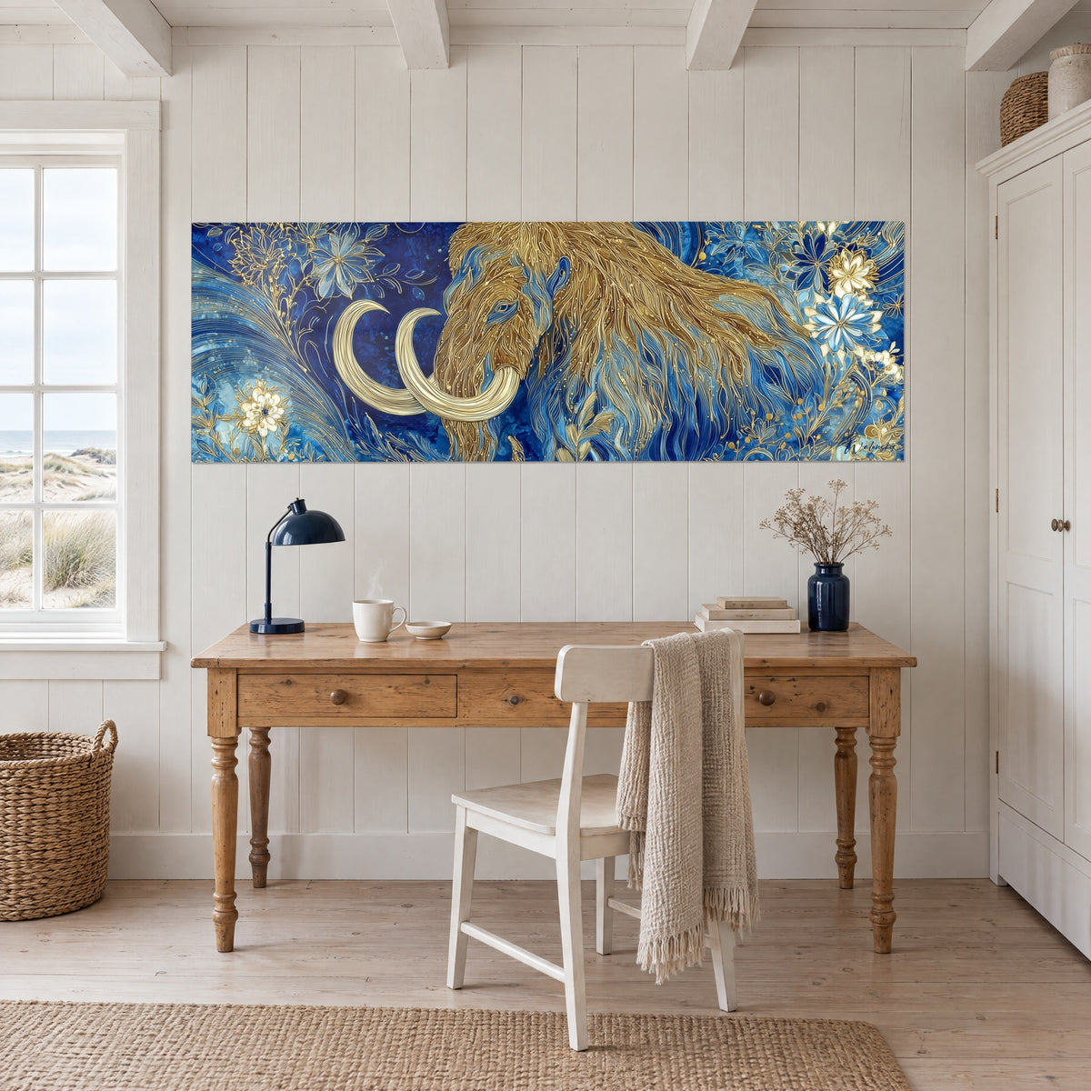 Cuadro de mamut en filigrana dorada sobre azul profundo, flores azur y blancas, encima de un escritorio de madera clara y una lámpara azul marino