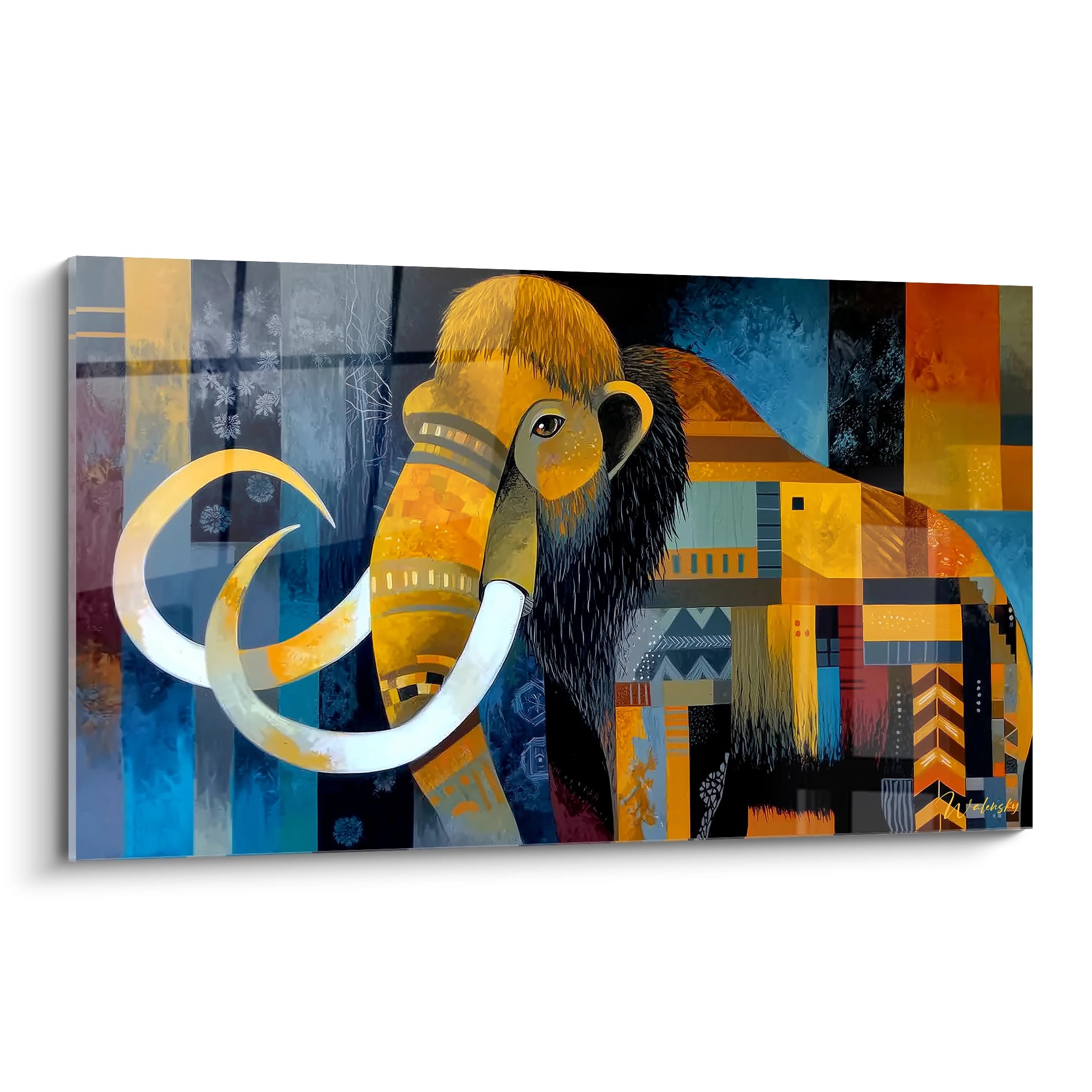 Tableau mural mammouth laineux style géométrique coloré avec défenses blanches sur fond mosaïque